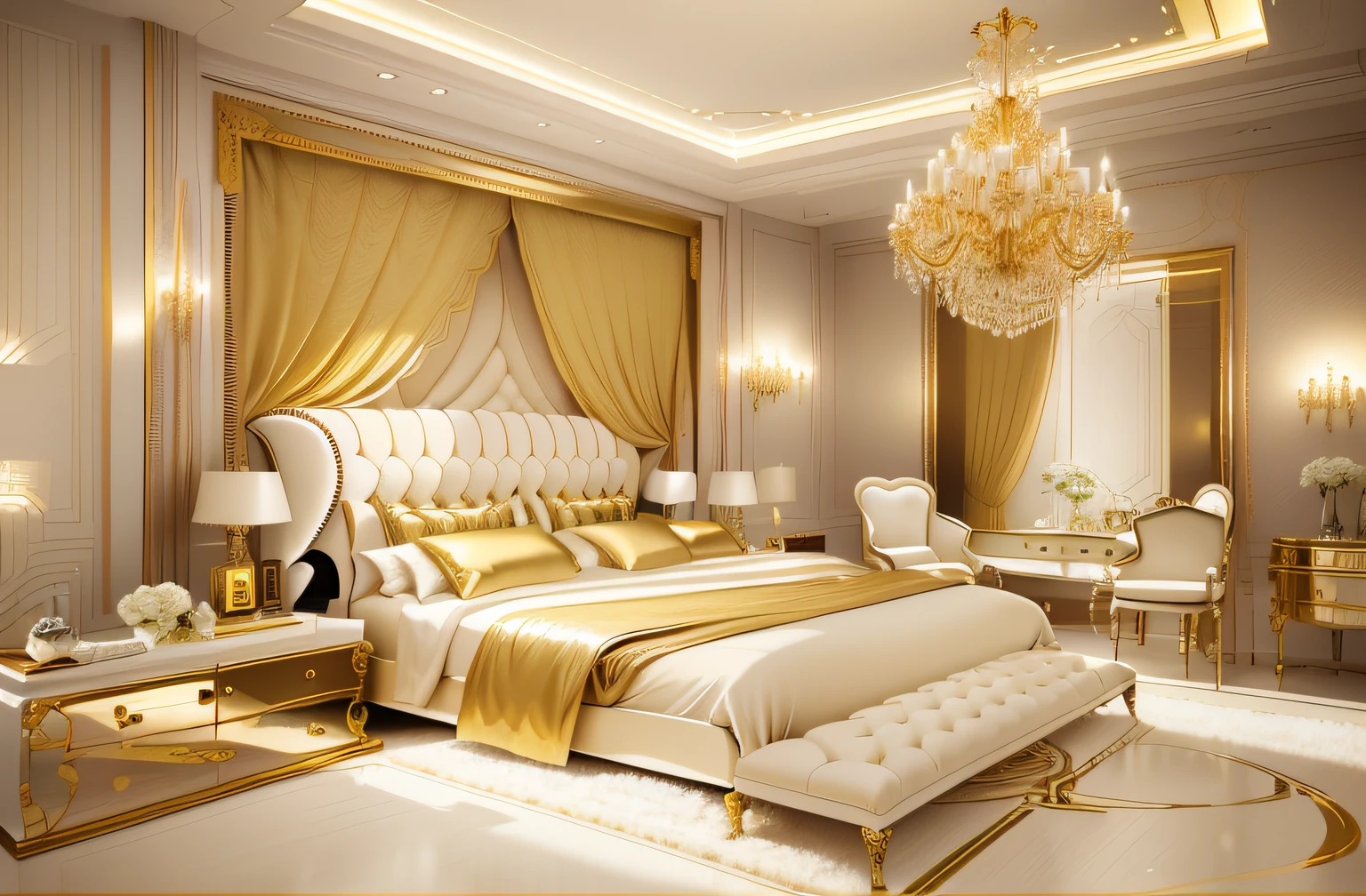 arafed bedroom with a bed, a chair, and a table, gold and luxury materials, luxury hd render, white and gold color scheme, cream - colored room, luxury furniture, luxurious environment, bed room, elegant and refined, elegant render, clean and pristine design, pristine and clean design, bedroom interior, luxury and elite, gold color scheme