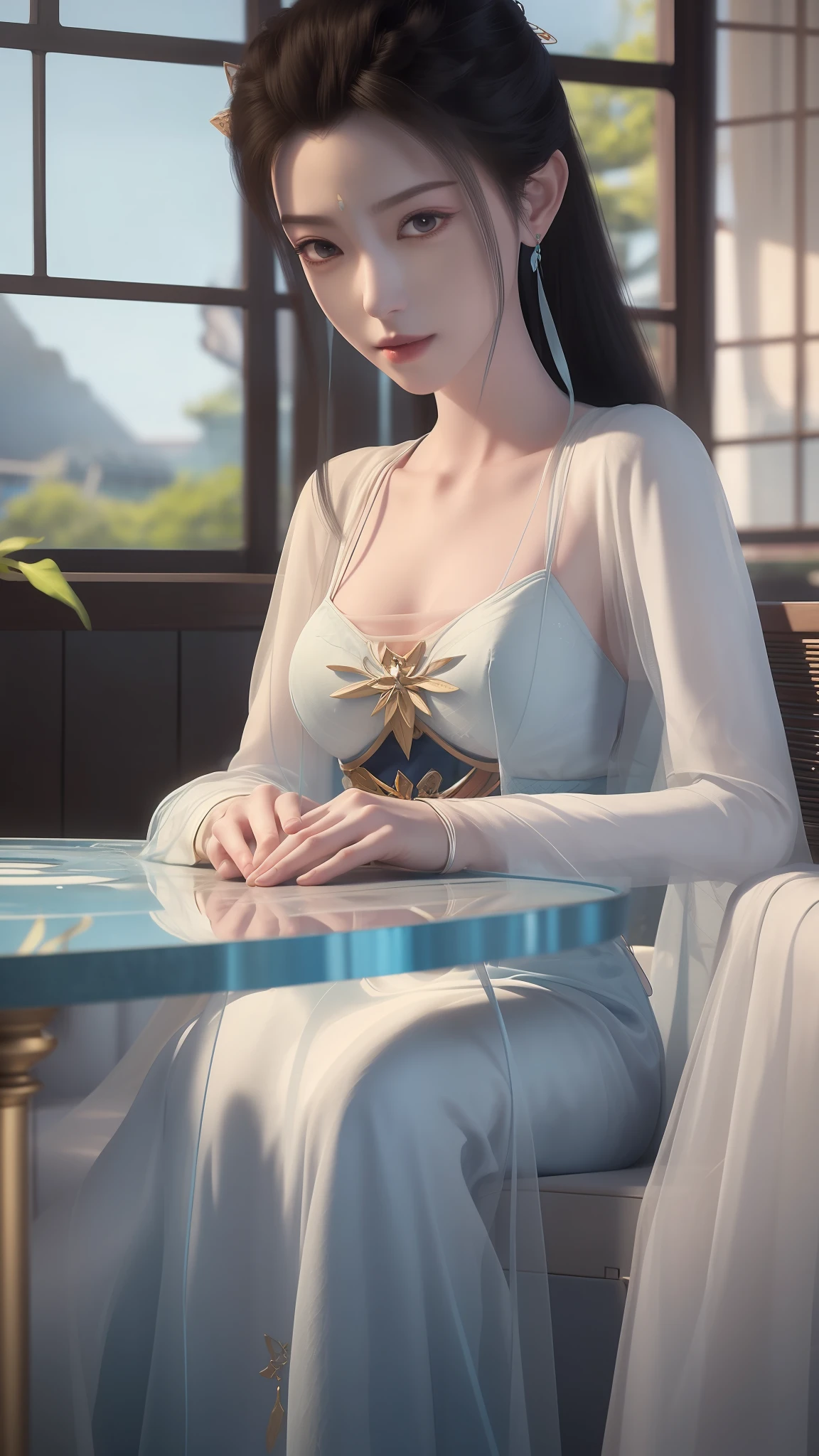 The Arad woman in a blue dress sits at the table, closeup fantasy with water magic, 2. 5 D CGI anime fantasy artwork, Anime fantasy illustration, Detailed digital anime art, beautiful fantasy anime, Smooth anime CG art, Anime fantasy artwork, 8K high quality detailed art, Realistic anime 3 D style, ultra detailed water, beautiful and seductive anime woman