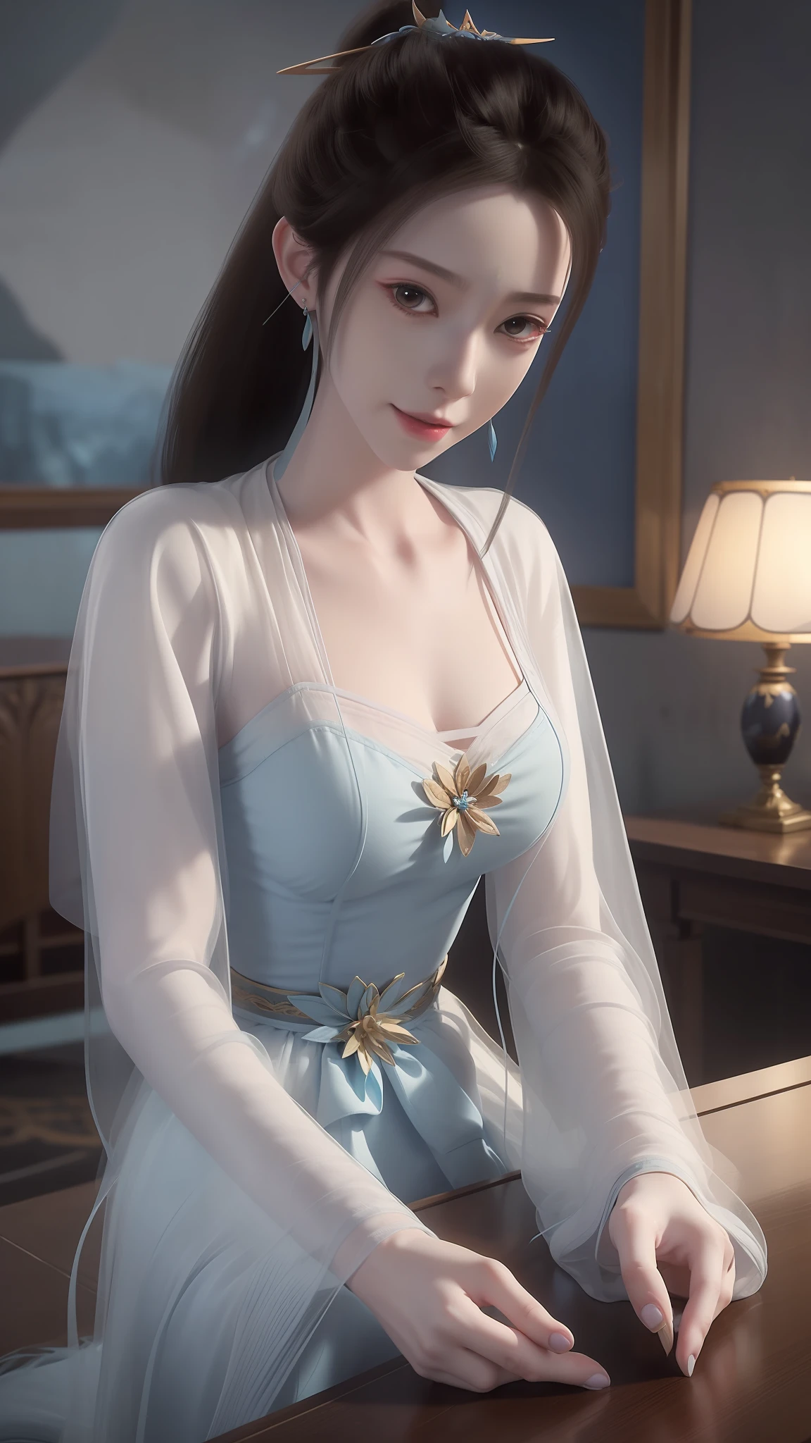 The Arad woman in a blue dress sits at the table, closeup fantasy with water magic, 2. 5 D CGI anime fantasy artwork, Anime fantasy illustration, Detailed digital anime art, beautiful fantasy anime, Smooth anime CG art, Anime fantasy artwork, 8K high quality detailed art, Realistic anime 3 D style, ultra detailed water, beautiful and seductive anime woman