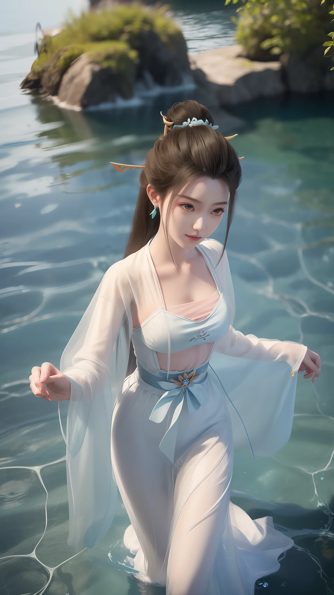 Arapei in a blue and white dress stood in the water, Anime girl walking on water, closeup fantasy with water magic, azur lane style, trending on cgstation, Anime girl cosplay, seraphine ahri kda, Splash art anime ****, trending at cgstation, realistic water, water fairy, WLOP and Sakimichan