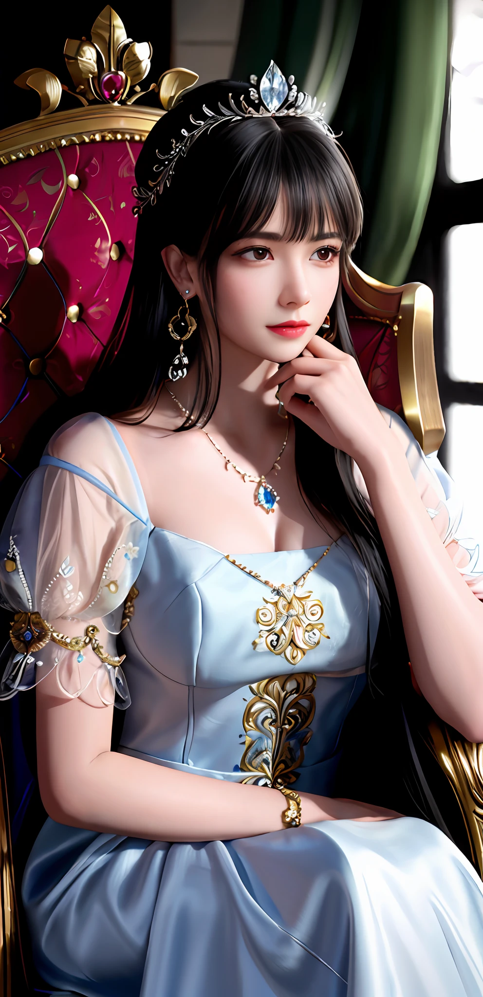 (realisticity: 1.2), best quality, high quality,  best resolution, 8K UHD, masterpiece, highres,cg,
1 super detailed girl, super detailed queen

, sitting on a super detailed royal throne, lud, xurious royal palace background, beautiful and detailed, super detailed long hair, wearing a beautiful and luxurious crown with diamonds and super detailed,

super detailed dress, Super detailed dress sleeves, super detailed beautiful earrings, Beautiful and beautiful necklace full of super detailed diamonds,  
 solo, jewelry, super detailed red and yellow dress, pretty face, beautiful, and super detailed, 

, earrings, super detailed hairdo, splashing, the upper body is very super detailed, super detailed hair bun, super detailed black hair,
lighting,candid,Photograph,high resolution, 8k,Bokeh,