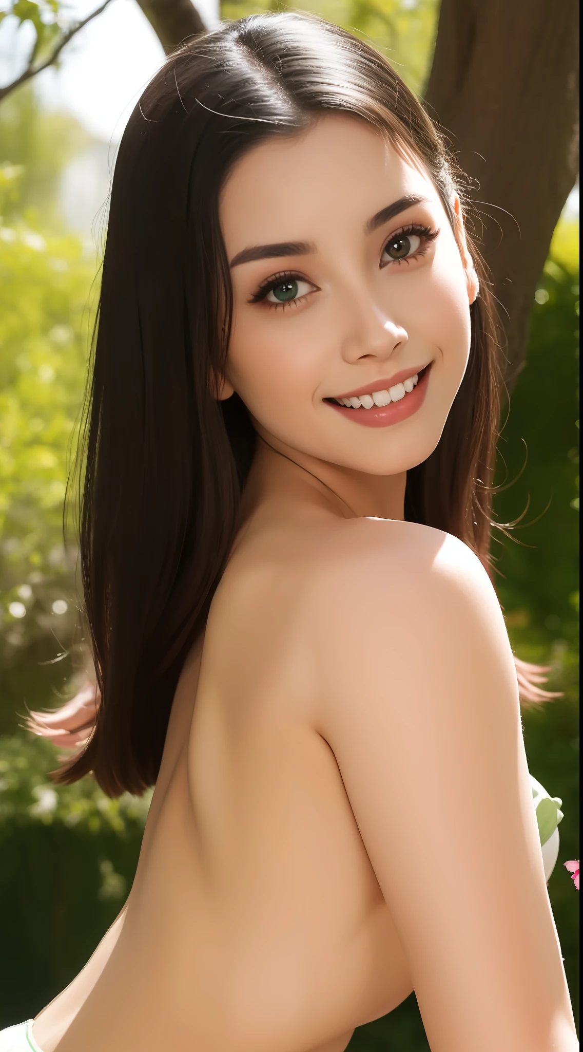 Fashion model  [[[[closeup cleavage]]]], [[[[boobgasm]]]], [[[[coll]]]], [[[[bshoulders]]]], perfect  eyes, Perfect iris，Perfect lips，perfect teeth，Perfect skin，with fair skin，Soft front light，hdr，Movie girl，Casual，ssmile，The background is outdoor，Green trees and flowers，（pastel colour：1.2）