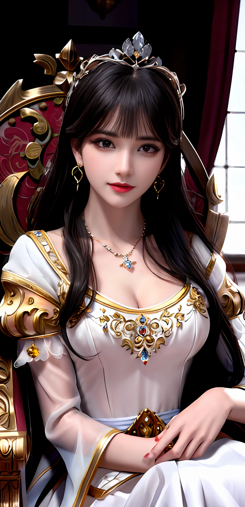 (realisticity: 1.2), best quality, high quality,  best resolution, 8K UHD, masterpiece, highres,cg,
1 super detailed girl, super detailed queen

, sitting on a super detailed royal throne, lud, xurious royal palace background, beautiful and detailed, super detailed long hair, wearing a beautiful and luxurious crown with diamonds and super detailed,

super detailed dress, Super detailed dress sleeves, super detailed beautiful earrings, Beautiful and beautiful necklace full of super detailed diamonds,  
 solo, jewelry, super detailed red and yellow dress, pretty face, beautiful, and super detailed, 

, earrings, super detailed hairdo, splashing, the upper body is very super detailed, super detailed hair bun, super detailed black hair,
lighting,candid,Photograph,high resolution, 8k,Bokeh,