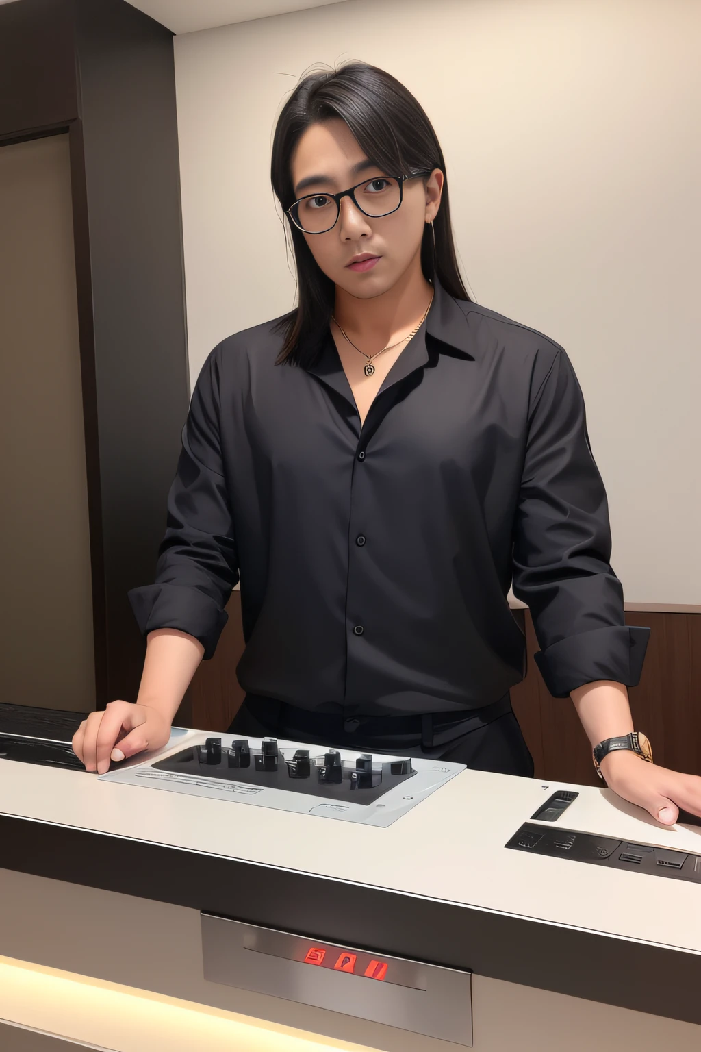 Male boss in his 28s,Slightly thinner stature,The appearance is handsome,Korean version of the small shirt,Casual attire,with long hair in takes,With gold-rimmed glasses,Arrange work next to a fashionably dressed DJ