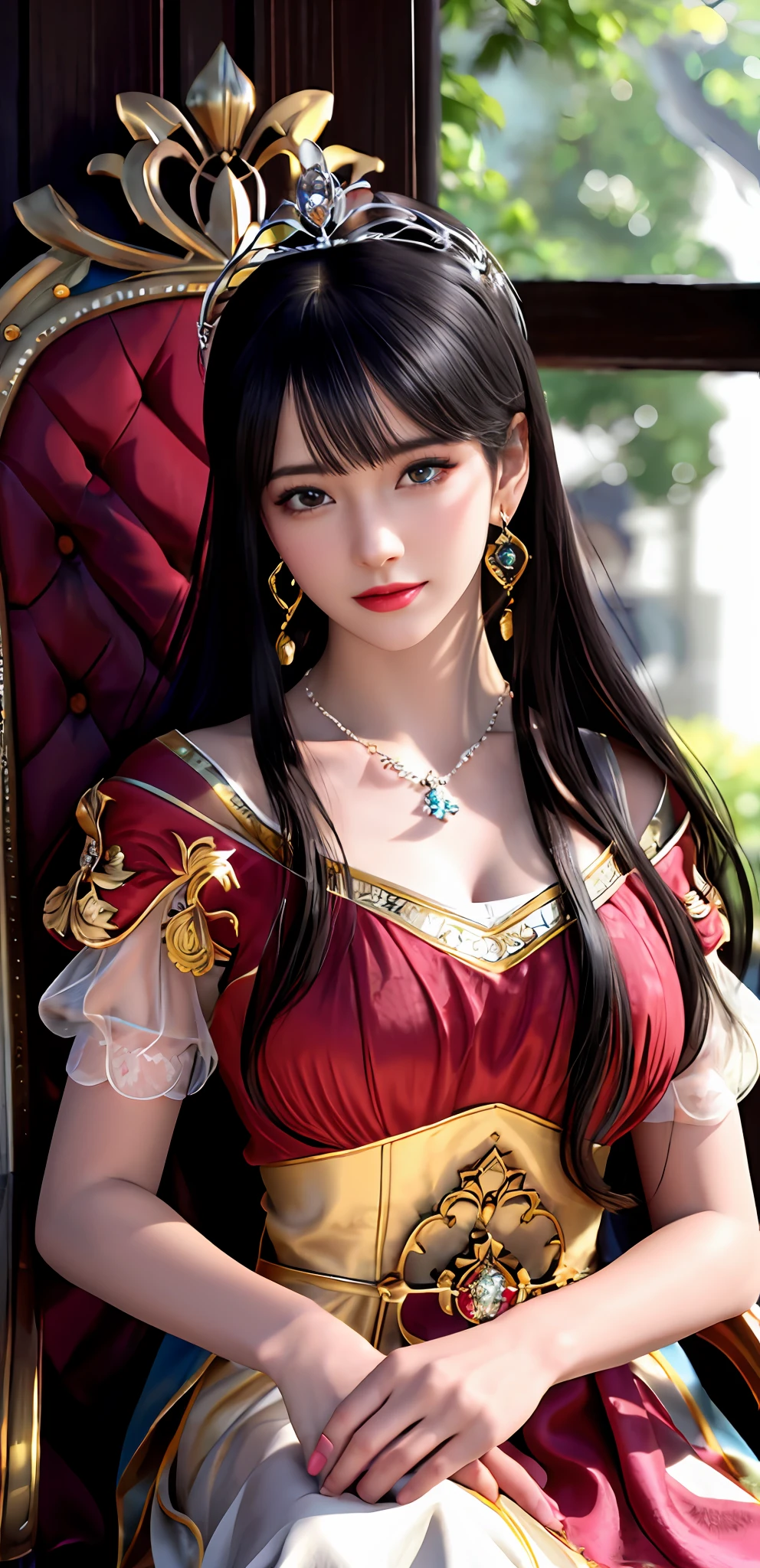 (realisticity: 1.2), best quality, high quality, best resolution, 8K UHD, masterpiece, highres,cg,
1 super detailed girl, super detailed queen
, sitting on a super detailed royal throne, lud, xurious royal palace background, beautiful and detailed, super detailed long hair, wearing a beautiful and luxurious crown with diamonds and super detailed,
super detailed dress, Super detailed dress sleeves, super detailed beautiful earrings, Beautiful and beautiful necklace full of super detailed diamonds,
solo, jewelry, super detailed red and yellow dress, pretty face, beautiful, and super detailed,
, earrings, super detailed hairdo, splashing, the upper body is very super detailed, super detailed hair bun, super detailed black hair,
lighting,candid,Photograph,high resolution, 8k,Bokeh,