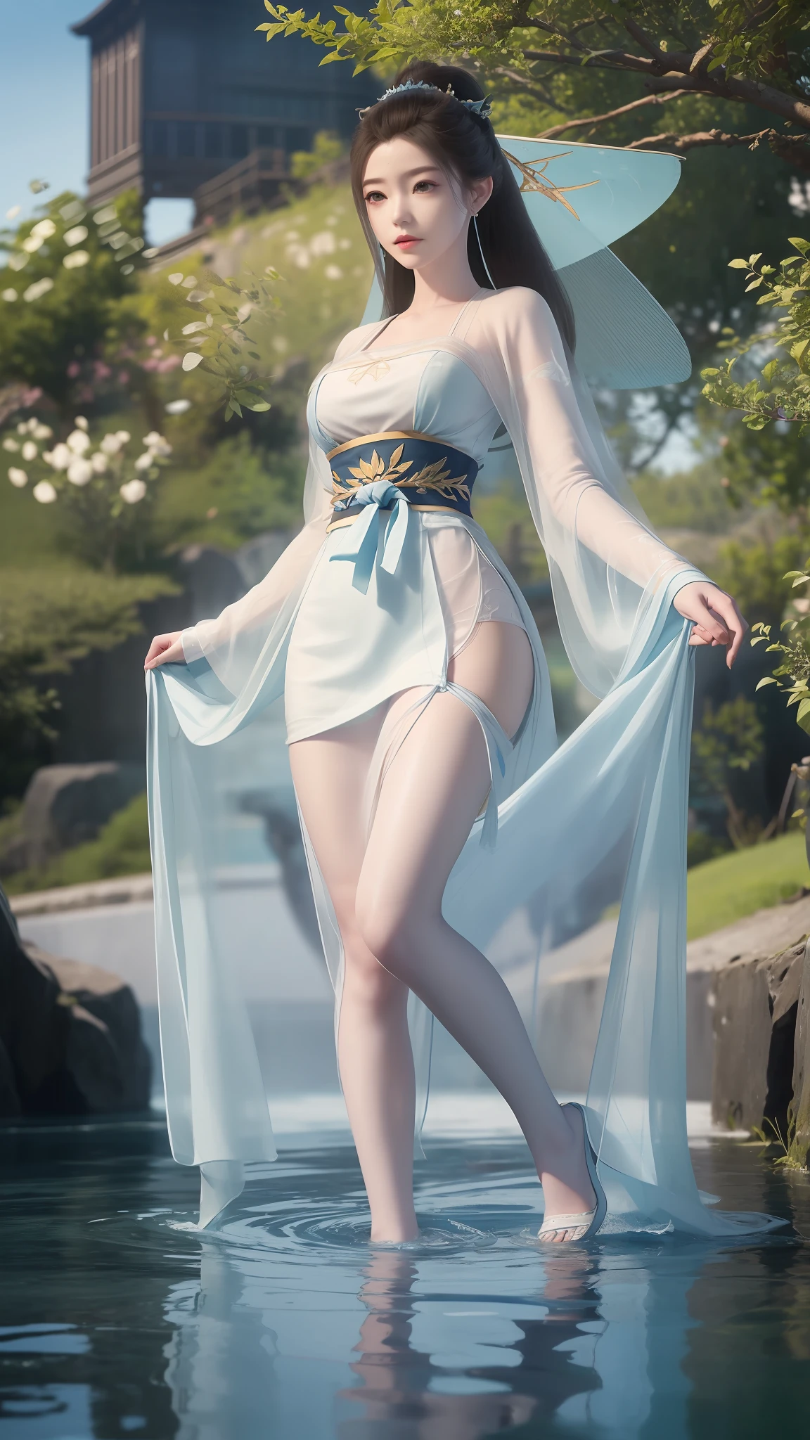 Arapei in a blue and white dress stood in the water, Anime girl walking on water, closeup fantasy with water magic, azur lane style, trending on cgstation, Anime girl cosplay, seraphine ahri kda, Splash art anime ****, trending at cgstation, realistic water, water fairy, WLOP and Sakimichan