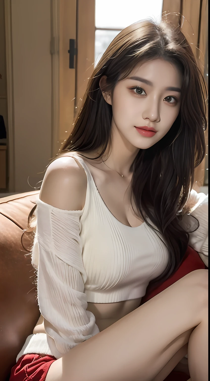 Ultra HD, masterpiece, highest resolution, highest detail, chiaroscuro, a young and beautiful woman, black hair, beautiful eyes, long eyelashes, human eye perspective, wearing a cream white top, red shorts, sitting on the sofa