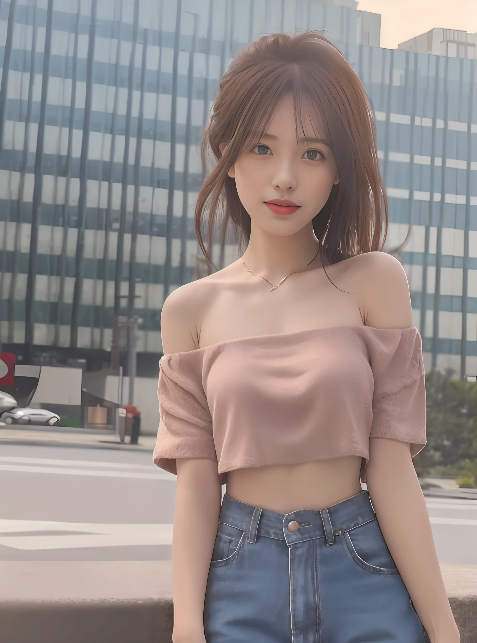 mix4，（8K，RAW photos，best qualtiy，tmasterpiece：1.2），（realisticlying，photograph realistic：1.37），1girll，adolable，view over city，the night，Sateen，soggy，profesional lighting，photon maping，Radio City，physically-based renderingt，shyexpression，Bandeau，Crop topping，Off-the-shoulder cropped top