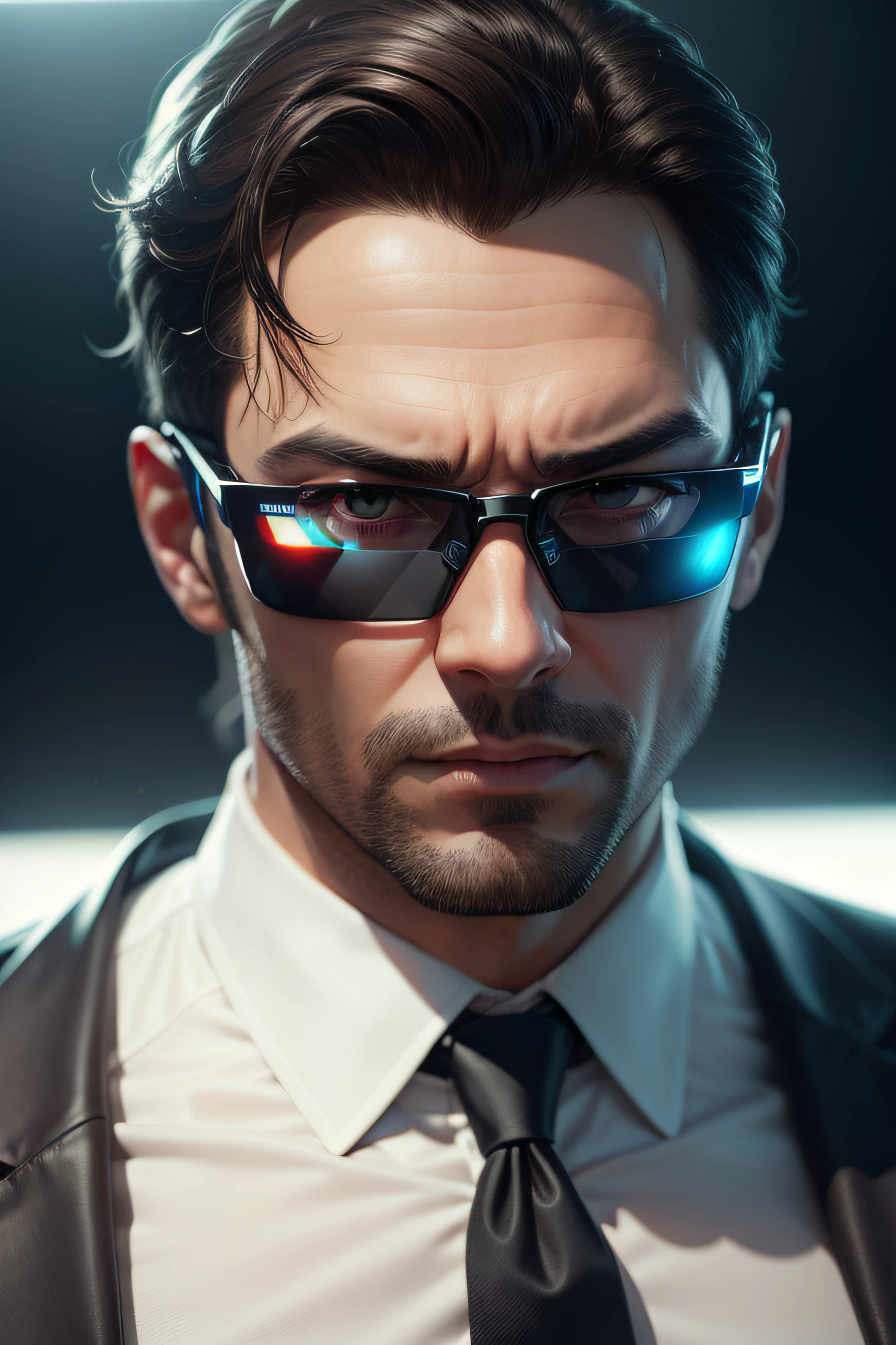 closup businessman face Holographic Smart Glasses, ultra realistic, ultra detailled, 8k, photorealistic, highly detailed, cinematic