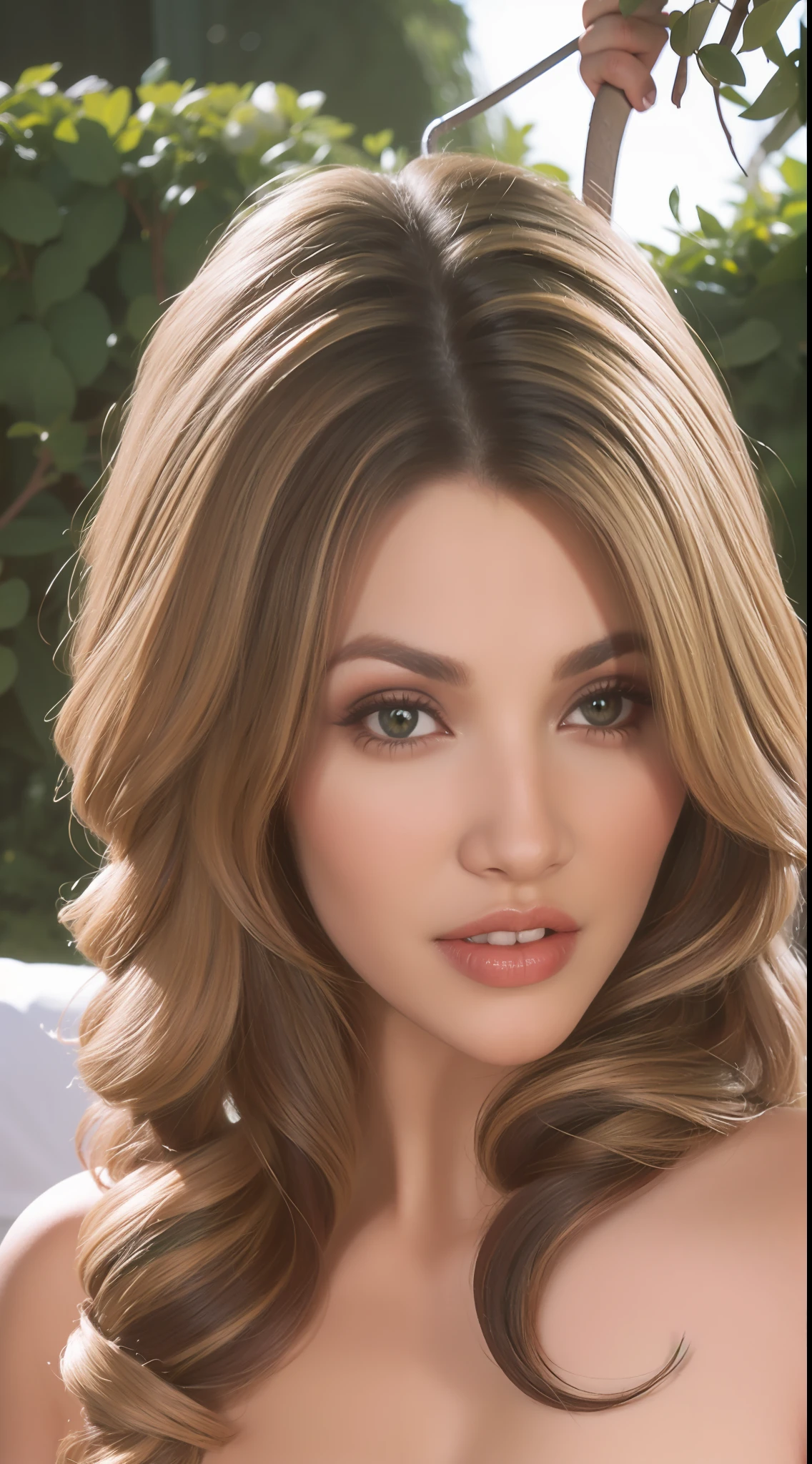 Fashion model 18 years old [[[[closeup cleavage]]]], [[[[boobgasm]]]], [[[[coll]]]], [[[[bshoulders]]]], perfect  eyes, Perfect iris，Perfect lips，perfect teeth，Perfect skin，with fair skin，Soft front light，hdr，Movie girl，blond hairbl，Pure blonde hair，Casual，The background is outdoor，Green trees and flowers，（pastel colour：1.2）