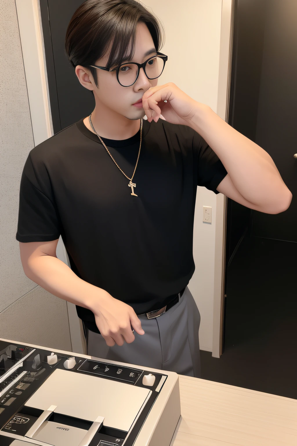 Male boss in his 28s，Slightly thinner stature，The appearance is handsome，Korean version of the small shirt，Casual attire，with long hair in takes，With gold-rimmed glasses，Arrange work next to a fashionably dressed DJ