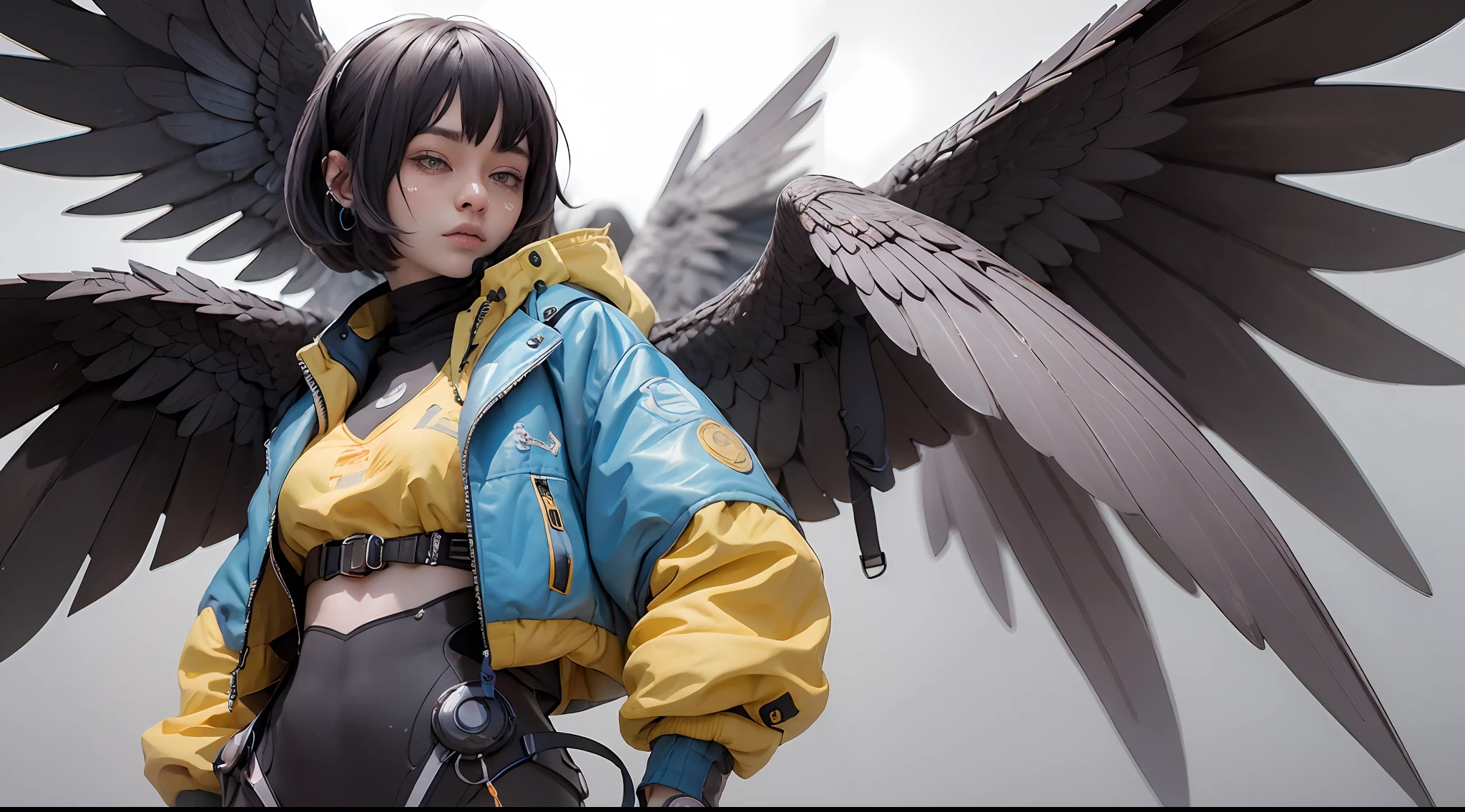 nijiloraeagle ulzzang-6500, in the style of colorful hard surface modeling, cyberpunk samuraipunk, hyper - detailed illustrations realistic, hyper - detailed rendering, portrait, solo, charming nijigirl with Stainless steel - eagle - wings, ((wearing blue techwear and blue oversized jacket)), with a hyperdetailed wet dark - yellow and cobalt and coral and black golden katana, pure color background