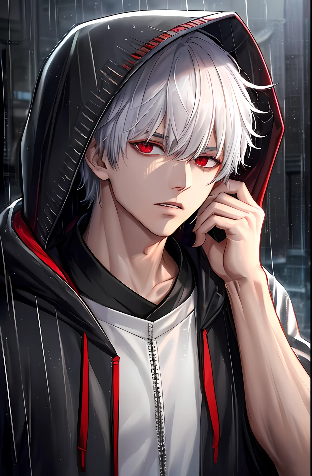 kk, best quality, more details, masterpiece, 1boy, kaneki ken, portrait, male focus, red eyes, solo, bangs, looking at viewer, hood, short hair, rain, tokyo tokyo \(city\), hood up, nail polish, white hair, luxurious, 8k, detailed, ray tracing, depth of field, cinematic lighting,