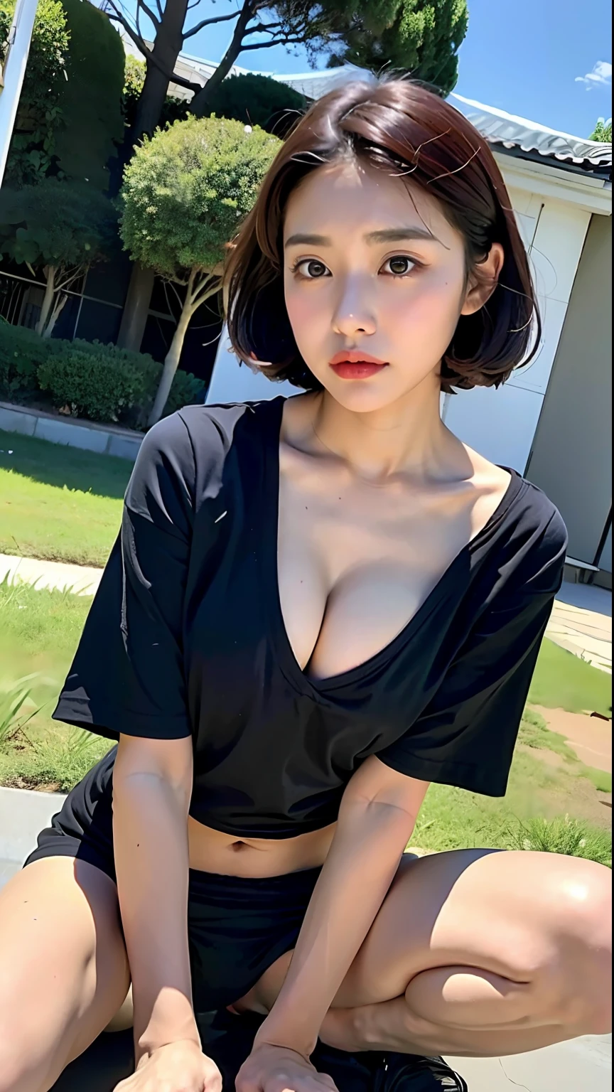 (top-quality、8K、32K、​masterpiece、nffsw:1.2)、Photo of a cute Japanese woman、Black short hair、beauitful face、(Slouched:1.5)、crouching down、(From  above:1.2)、(a closeup:1.4)、POV、Loose dowel dowel large size T-shirt with wide open chest、Big and abs visible from the neck of the T-shirt、(beautiful nipple slips:0.9)、Black panties、outside of house、the wind、shinny skin、blurry backround、