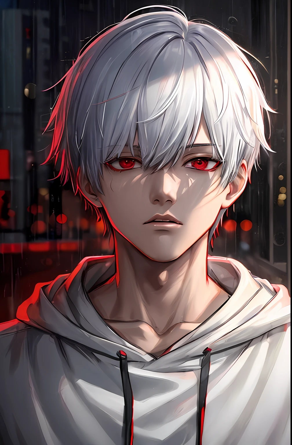kk, best quality, more details, masterpiece, 1boy, kaneki ken, portrait, male focus, red eyes, solo, bangs, looking at viewer, hood, short hair, rain, tokyo tokyo \(city\), hood up, nail polish, white hair, luxurious, 8k, detailed, ray tracing, depth of field, cinematic lighting,