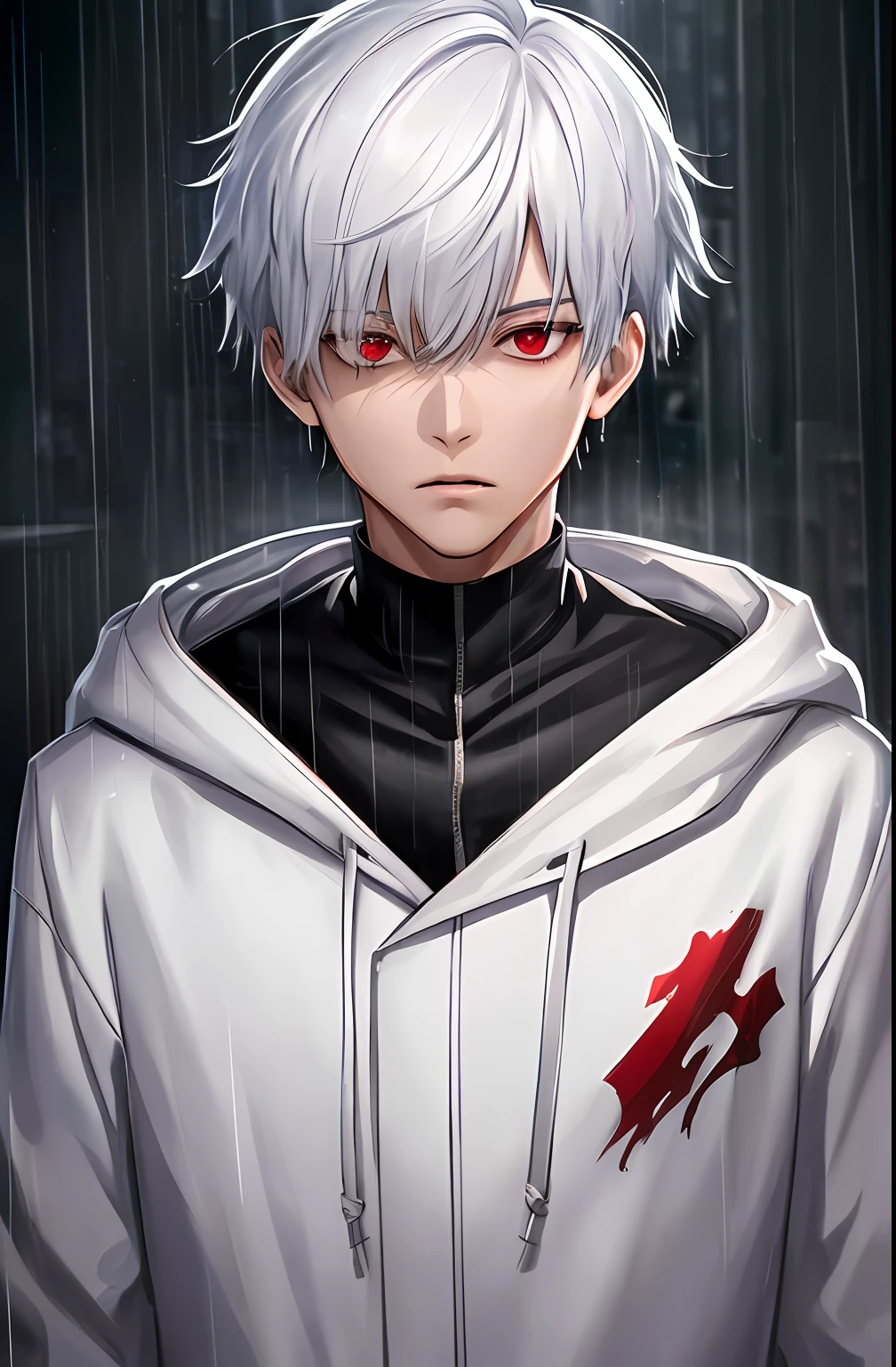kk, best quality, more details, masterpiece, 1boy, kaneki ken, portrait, male focus, red eyes, solo, bangs, looking at viewer, hood, short hair, rain, tokyo tokyo \(city\),  hood up, nail polish, white hair, luxurious, 8k, detailed, ray tracing, depth of field, cinematic lighting,