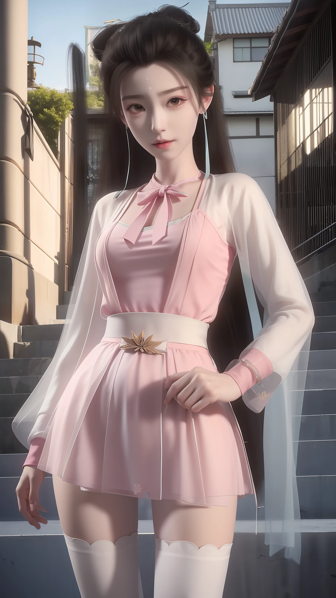 There is a woman in a short skirt and jacket posing for a photo, Surrealism female students, Surrealism female students, Realistic schoolgirl, photorealistic anime girl rendering, small curvaceous , thighhighs and skirt, 3 d anime realistic, highly detailed giantess shot, Photorealistic anime, photorealistic full body, [ 4 K photorealism ]!!