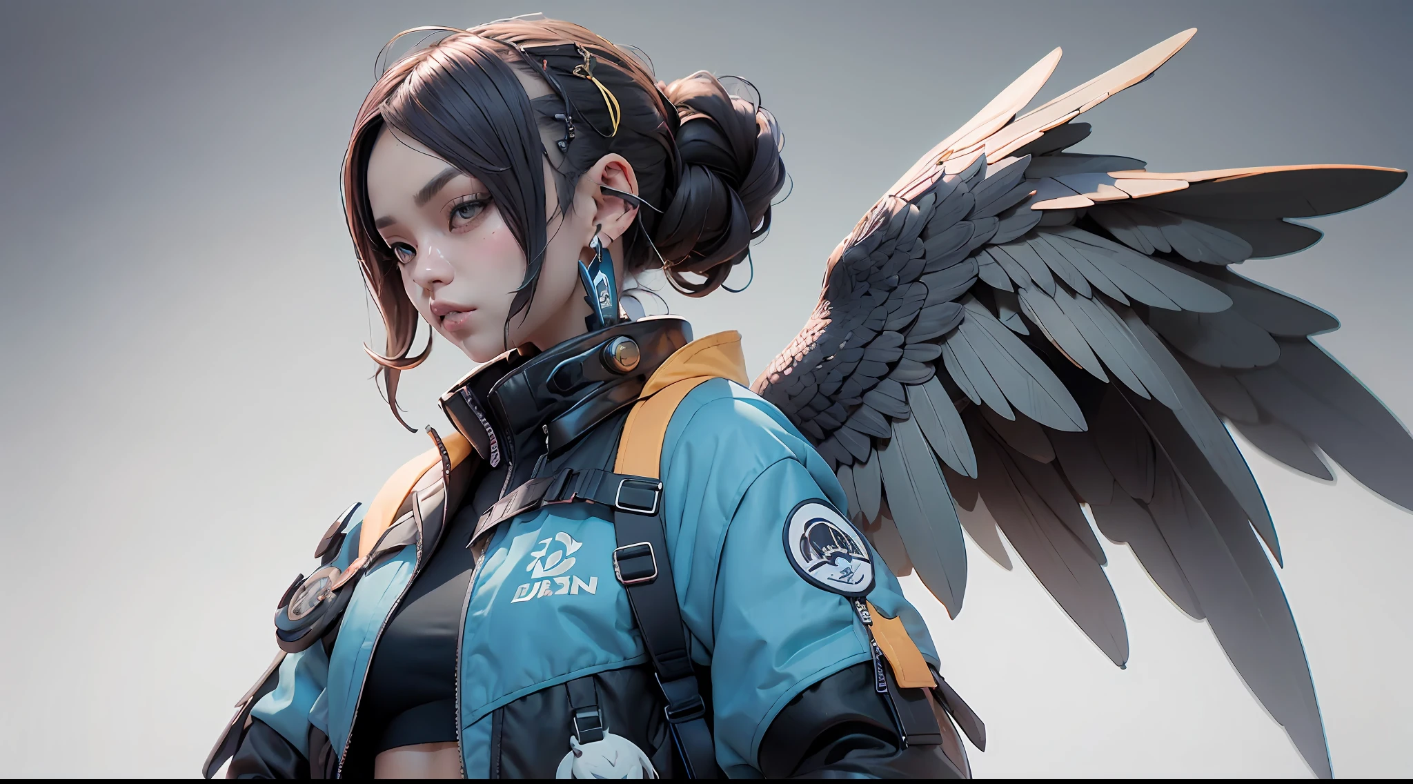 nijiloraeagle ulzzang-6500, in the style of colorful hard surface modeling, cyberpunk samuraipunk, hyper - detailed illustrations realistic, hyper - detailed rendering, portrait, solo, charming nijigirl with Stainless steel - eagle - wings, ((wearing blue techwear and blue oversized jacket)), with a hyperdetailed wet dark - yellow and cobalt and coral and black golden katana, pure color background