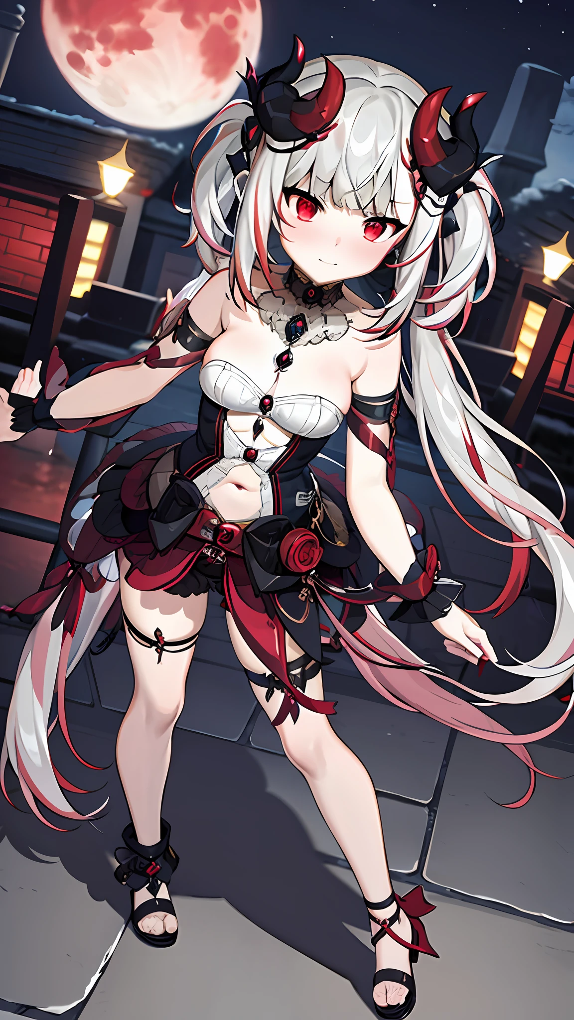 masterpiece, best quality, 1girl, solo, red eyes, silver hair, red streaked hair, demon girl, demon tail, demon wings, demon horns, square pupils, (small breast), street, full body, (night, night sky, red moon), (winter)