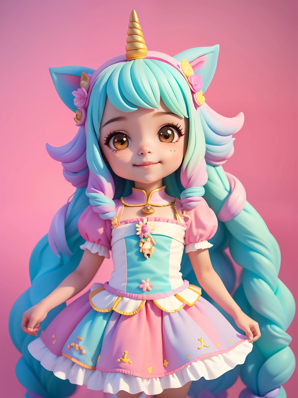 cute meniena bonita e fofa, tema princesa, unicorn, castelo, sorriso claro, corpo inteiro, :3, fundo tom pastel , colorido e simples.
