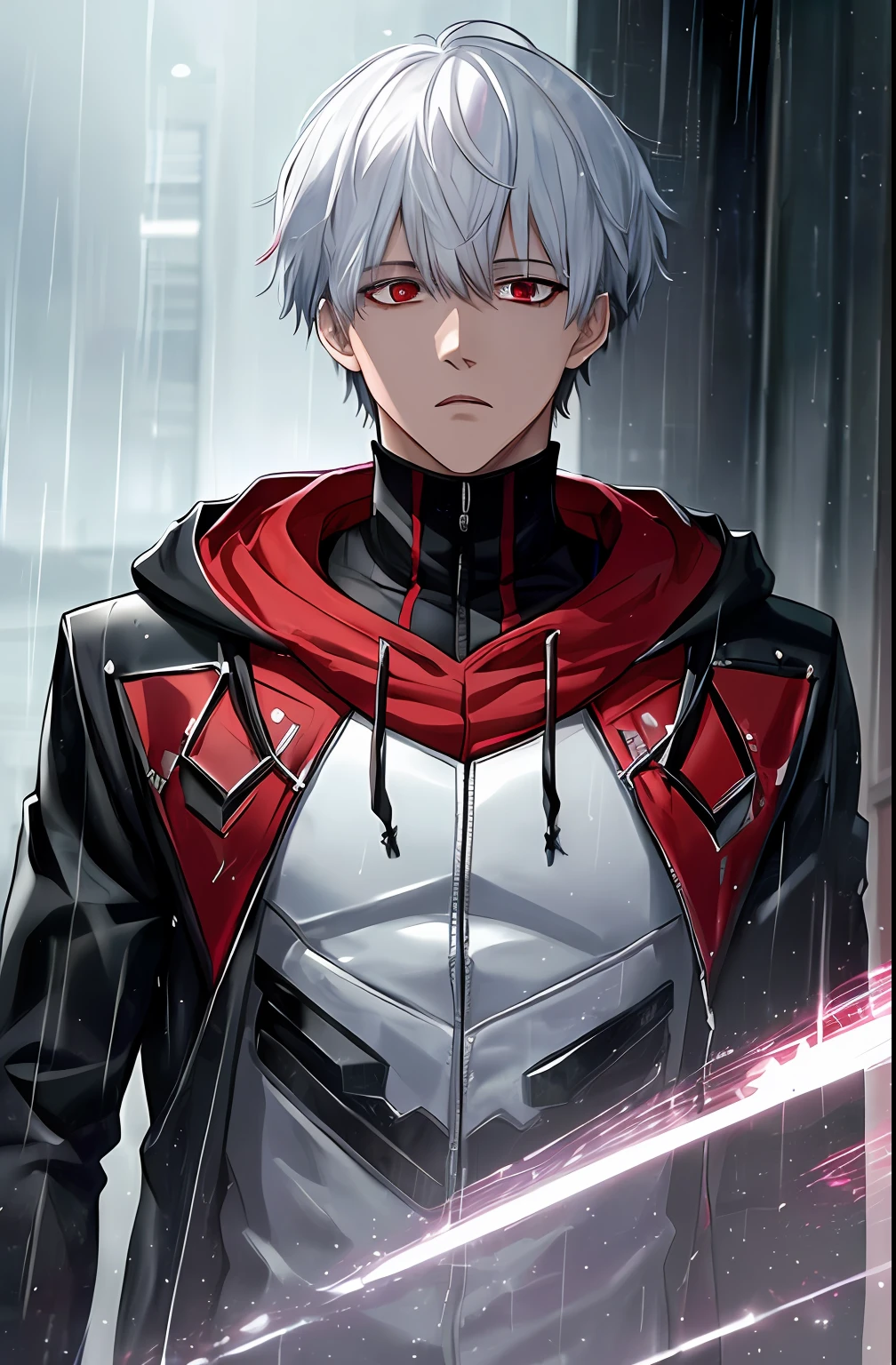kk, best quality, more details, masterpiece, 1boy, kaneki ken, portrait, male focus, red eyes, solo, bangs, looking at viewer, hood, short hair, rain, tokyo tokyo \(city\), hood up, nail polish, white hair, luxurious, 8k, detailed, ray tracing, depth of field, cinematic lighting,