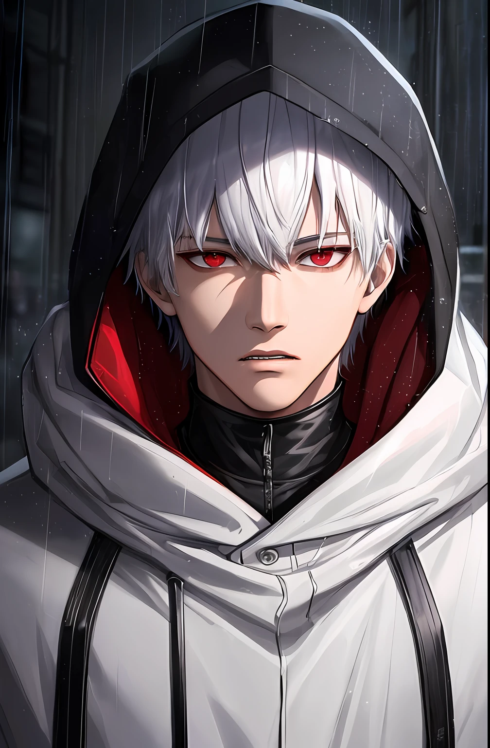 kk, best quality, more details, masterpiece, 1boy, kaneki ken, portrait, male focus, red eyes, solo, bangs, looking at viewer, hood, short hair, rain, tokyo tokyo \(city\), hood up, nail polish, white hair, luxurious, 8k, detailed, ray tracing, depth of field, cinematic lighting,