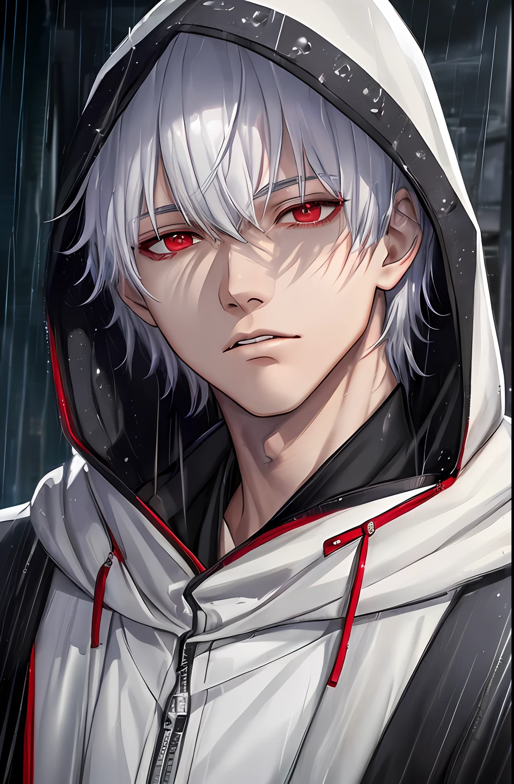 kk, best quality, more details, masterpiece, 1boy, kaneki ken, portrait, male focus, red eyes, solo, bangs, looking at viewer, hood, short hair, rain, tokyo tokyo \(city\), hood up, nail polish, white hair, luxurious, 8k, detailed, ray tracing, depth of field, cinematic lighting,