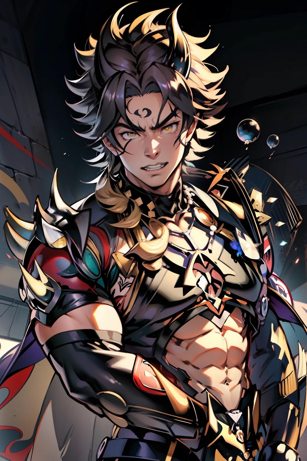 《the original god》Arataki Kazuto , male people,,((Masterpiece)), ((Best quality)), Ultra detailed,((illustration)), Dynamic Angle, Detailed light, (Delicate eyes), Floating, 1boy, Male focus, Head, Clothing, Yellow eyes, necklace, tattoo, (Forehead:0.8), (ahoge:0.8), jewelry, apathy,Ray, chest muscle, Sexy , Venom symbiote for your body, Black mucus of the body , (into venom), Venom,frontage,style of anime4 K, 4K anime wallpaper, Badass anime 8 K, 4 k comic wallpaper, young anime man, Anime boys, Anime wallpapers 4 k, Anime wallpaper 4K, High quality anime art style, Anime moe art style, Anime art wallpaper 8 K, Anime art wallpaper 4 K, RGB lighting