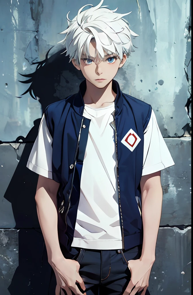 (absurdres, highres, ultra detailed, HDR), masterpiece, best quality, a boy, 10 yo, solo, handsome, short hair,spiky hair, white hair, blue eye, finely eye and detailed face, real shadow, job is programmer , full body, home style muji, mood alone