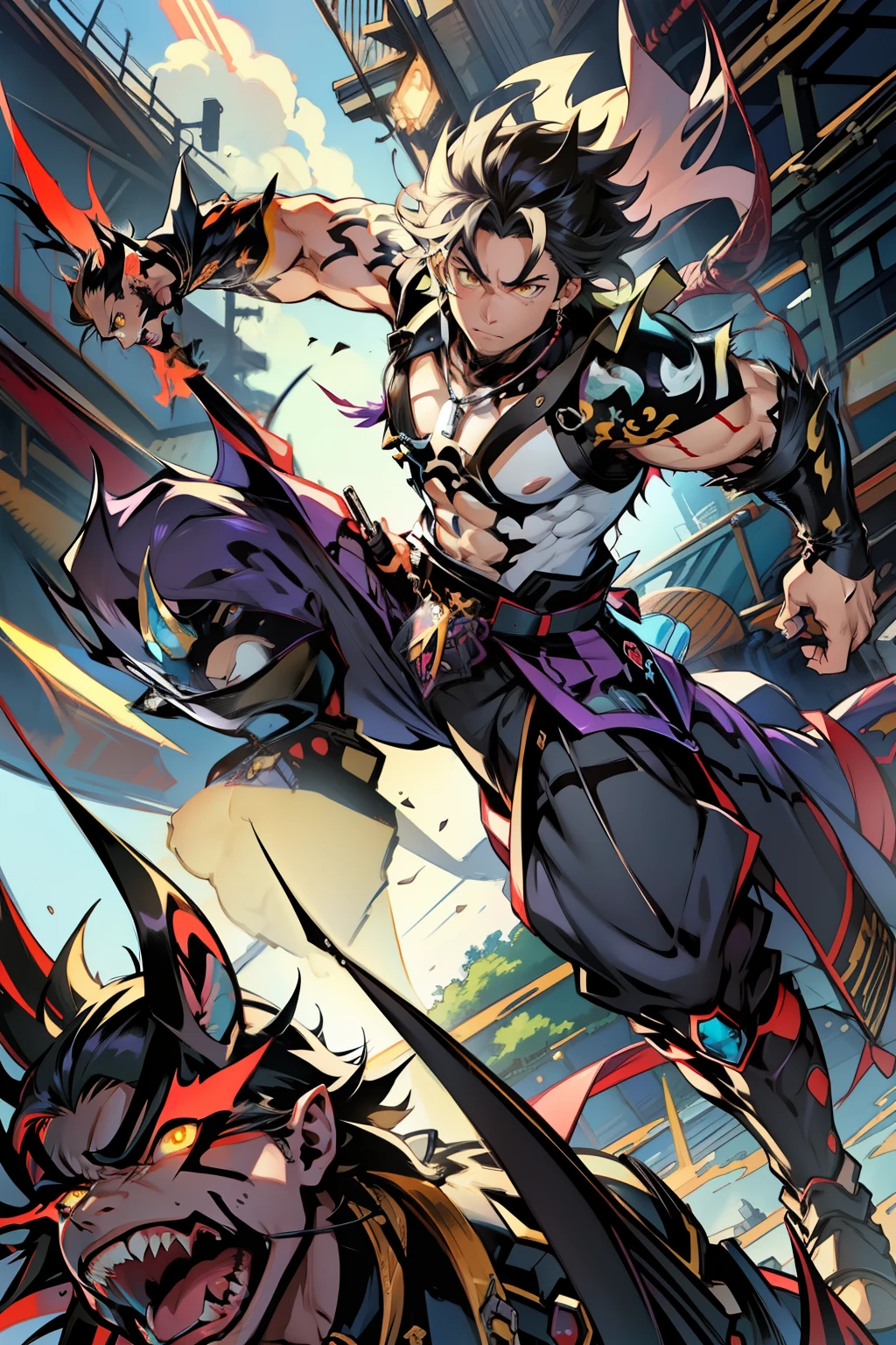 《the original god》Arataki Kazuto , male people,,((Masterpiece)), ((Best quality)), Ultra detailed,((illustration)), Dynamic Angle, Detailed light, (Delicate eyes), Floating, 1boy, Male focus, Head, Clothing, Yellow eyes, necklace, tattoo, (Forehead:0.8), (ahoge:0.8), jewelry, apathy,Ray, chest muscle, Sexy , Venom symbiote for your body, Black mucus of the body , (into venom), Venom,frontage,style of anime4 K, 4K anime wallpaper, Badass anime 8 K, 4 k comic wallpaper, young anime man, Anime boys, Anime wallpapers 4 k, Anime wallpaper 4K, High quality anime art style, Anime moe art style, Anime art wallpaper 8 K, Anime art wallpaper 4 K, RGB lighting