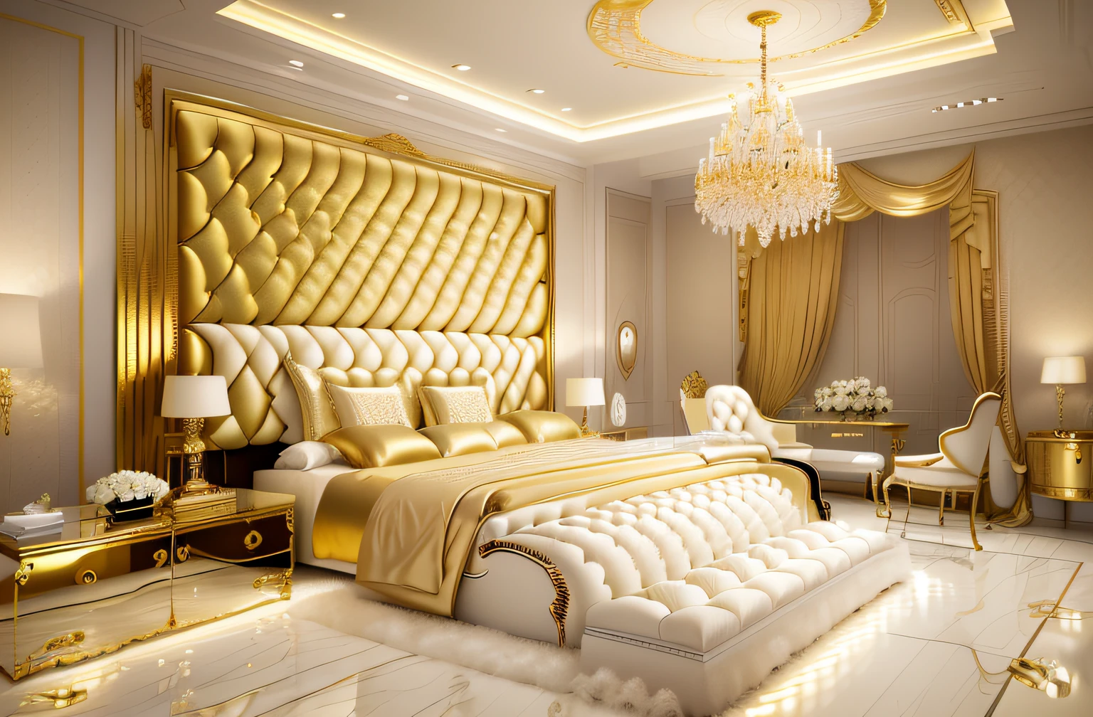 arafed bedroom with a bed, a chair, and a table, gold and luxury materials, luxury hd render, white and gold color scheme, cream - colored room, luxury furniture, luxurious environment, bed room, elegant and refined, elegant render, clean and pristine design, pristine and clean design, bedroom interior, luxury and elite, gold color scheme