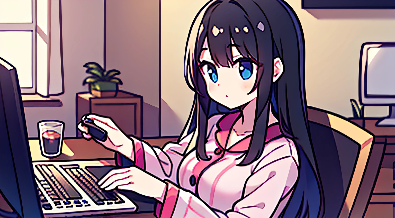 a pregirl，black hair longhair，In pajamas，Play games in front of the computer