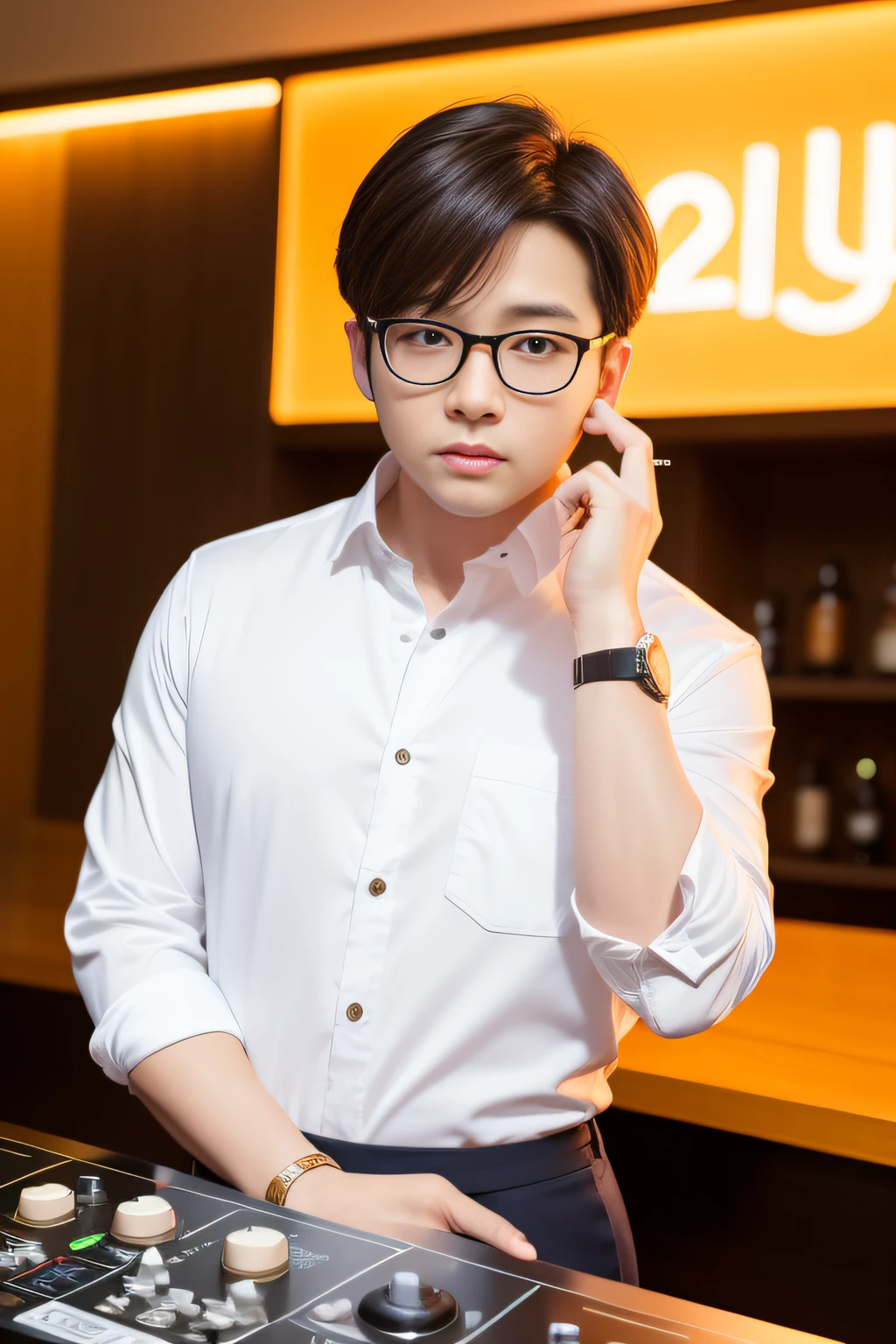 Next to the DJ inside the flickering bar，Male boss in his 28s，Slightly thinner stature，The appearance is handsome，Korean version of the small shirt，Casual attire，with long hair in takes，With gold-rimmed glasses，Schedule work
