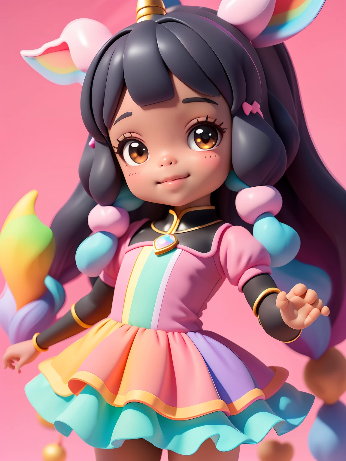Loli cute menina negra bonita e fofa, tema princesa, unicorn, castelo, sorriso claro, corpo inteiro, :3, fundo tom pastel , colorido e simples.