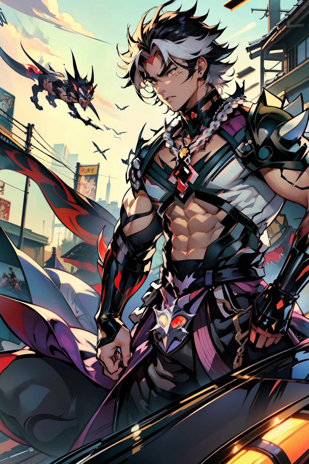 《the original god》Arataki Kazuto , male people，，((Masterpiece)), ((Best quality)), Ultra detailed,((illustration)), Dynamic Angle, Detailed light, (Delicate eyes), Floating, 1boy, Male focus, Head, Clothing, Yellow eyes, necklace, tattoo, (Forehead:0.8), (ahoge:0.8), jewelry, apathy，Ray， chest muscle， Sexy , Venom symbiote for your body, Black mucus of the body , （into venom）, Venom，frontage，style of anime4 K， 4K anime wallpaper， Badass anime 8 K， 4 k comic wallpaper， young anime man， Anime boys， Anime wallpapers 4 k， Anime wallpaper 4K， High quality anime art style， Anime moe art style， Anime art wallpaper 8 K， Anime art wallpaper 4 K， RGB lighting
