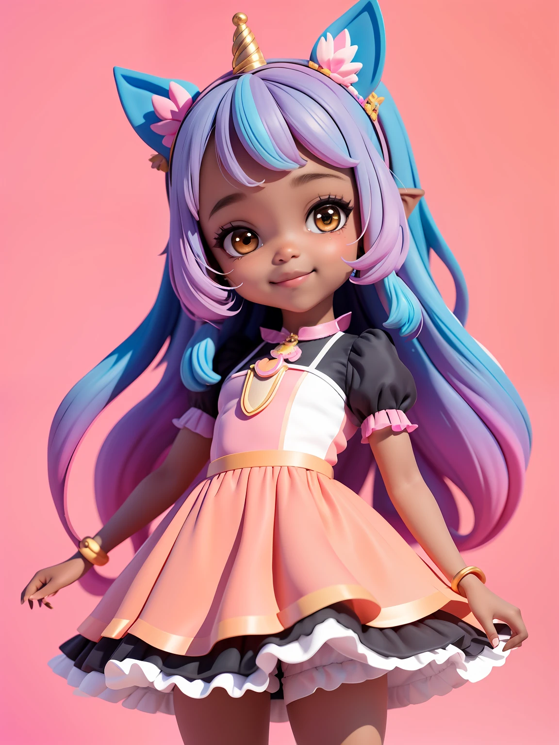 Loli cute menina negra bonita e fofa, tema princesa, unicorn, castelo, sorriso claro, corpo inteiro, :3, fundo tom pastel , colorido e simples.