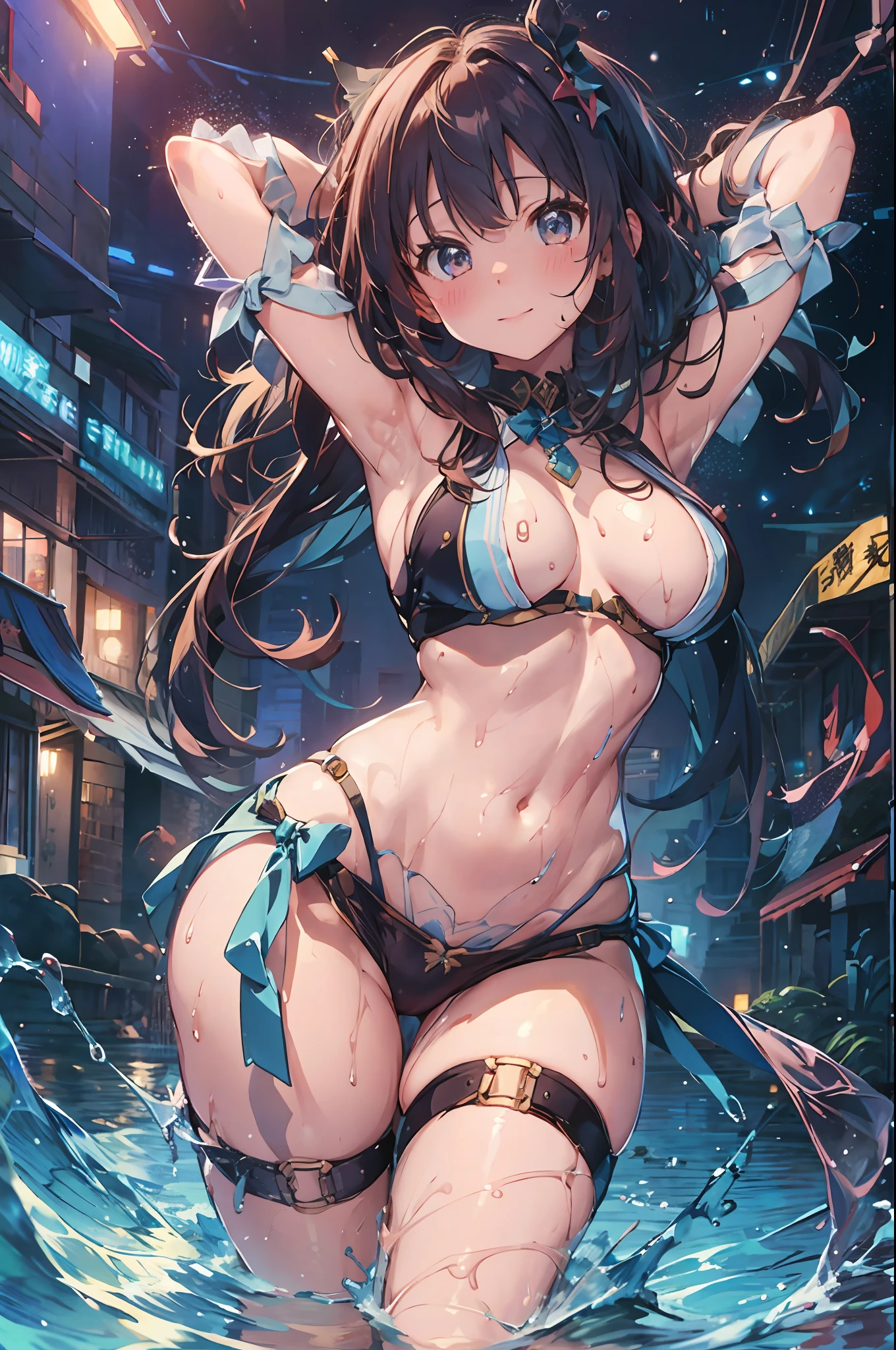 Genshin impact, Nilou, ((best quality, high resolution, distinct image)), (delicate illustration), 8k, 1girl, solo, extremely cute and beautiful, cowboy shot, Crypto.com Arena, live stage, blush, breasts, wet, (Nilou outfit:1.3), standing, spread arms in the air, from below,  (large breasts:1.15), light smile, breathing, perfect anatomy, perfect proportion, seductive model posing,