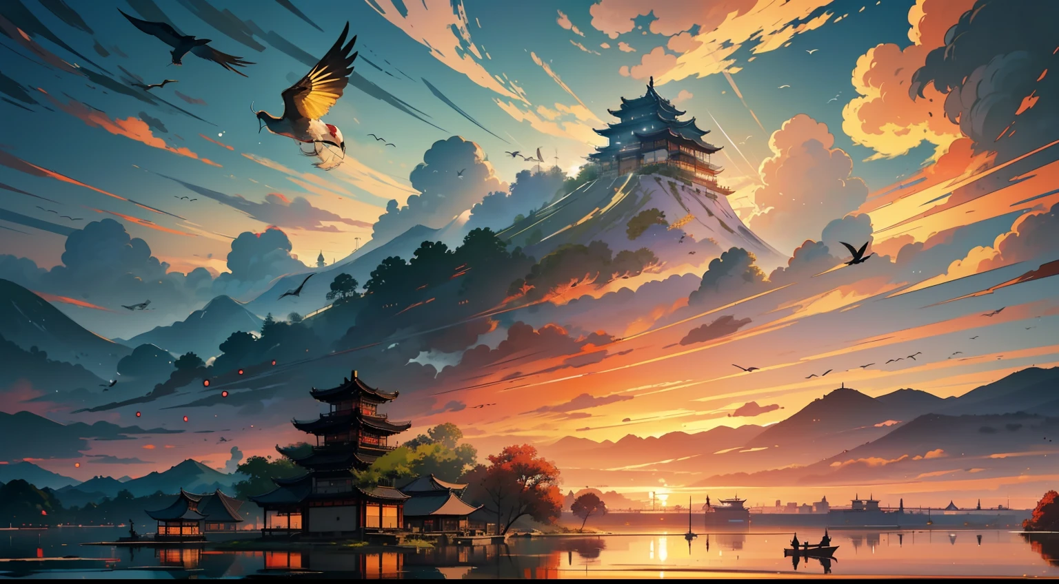Embroidery，Leaning over，Yamabara has a clear view，Kawasawa was shocked。Lu Yan flew to the ground，Bells Food House；Shipultyazu，The home of the Green Sparrow Yellow Dragon Armour。The clouds are raining，Cai Che District Ming。The sunset and the solitary crane fly together，The autumn water is the same for a long time。Fishing boats sing late，Sounded the shore of poor Penley；The wild geese were frozen，The sound cuts off the shop of Hengyang。(Sunset landscape painting)，((The vista is a huge sunset over the skyline))，(Connected to the lake)，((Flying birds))，((Several ships))，Autumn tones，（an Chinese ink painting style），（Masterpiece），（Extremely detailed picture description），（8k wallpaper），（Master painting），（Noticeable light and shadow effects），（Ray traching），（Obvious layers），（depth of fields），（best qualityer）,Ray