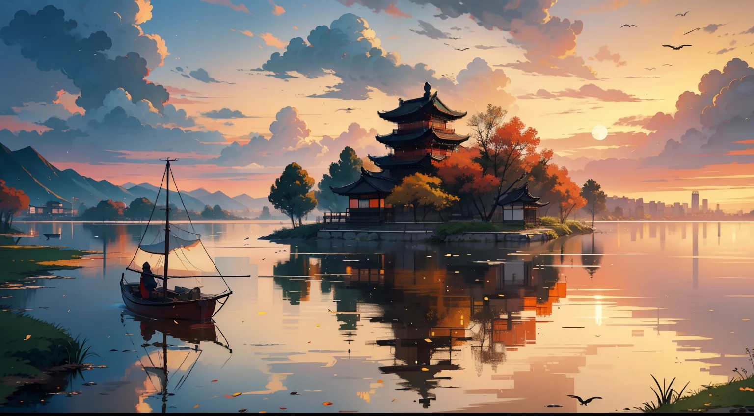 Embroidery,Leaning over,Yamabara has a clear view,Kawasawa was shocked。Lu Yan flew to the ground,Bells Food House;Shipultyazu,The home of the Green Sparrow Yellow Dragon Armour。The clouds are raining,Cai Che District Ming。The sunset and the solitary crane fly together,The autumn water is the same for a long time。Fishing boats sing late,Sounded the shore of poor Penley;The wild geese were frozen,The sound cuts off the shop of Hengyang。(Sunset landscape painting),((The vista is a huge sunset over the skyline)),(Connected to the lake),((Flying birds)),((Several ships)),Autumn tones,(an Chinese ink painting style),(Masterpiece),(Extremely detailed picture description),(8k wallpaper),(Master painting),(Noticeable light and shadow effects),(Ray traching),(Obvious layers),(depth of fields),(best qualityer),Ray