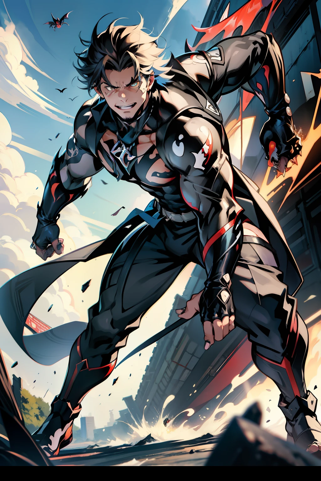 《the original god》Arataki Kazuto , male people， chest muscle， Sexy , Venom symbiote for your body, Black mucus of the body , into venom, venomize，Black bodysuit，（Cloak），Red cape，Abs，（Adult male）（（Venom possession，venom symbiote）），over-Tortoise Man，Battle damage，((Masterpiece)), ((Best quality)), Ultra detailed,((illustration)), Dynamic Angle, Detailed light, (Delicate eyes), Floating, 1boy, Male focus, Head, Clothing, Yellow eyes, necklace, tattoo, (Forehead:0.8), (ahoge:0.8), jewelry, brunette color hair,apathy，Ray， chest muscle， Sexy , Venom symbiote for your body, Black mucus of the body , （into venom）, Venom，frontage，Bust photo，White tight-fitting top，spiderman outfit，style of anime4 K， 4K anime wallpaper， Badass anime 8 K， 4 k comic wallpaper， young anime man， Anime boys， Anime wallpapers 4 k， Anime wallpaper 4K， High quality anime art style， Anime moe art style， Anime art wallpaper 8 K， Anime art wallpaper 4 K， RGB lighting