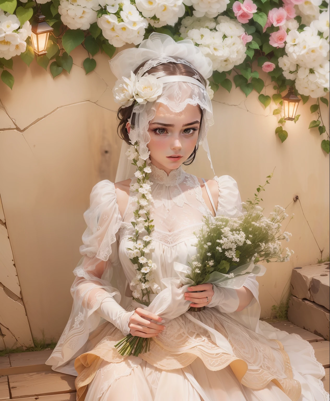 ((Realistic lighting, Best quality, 8K, Masterpiece: 1.3)), Focus: 1.2, 1girl, Perfect Figure: 1.4, Slim Abs: 1.1, ((Dark brown hair)), (White dress: 1.4), (Outdoor, Night: 1.1), City streets, Super fine face, Fine eyes, Double eyelids,