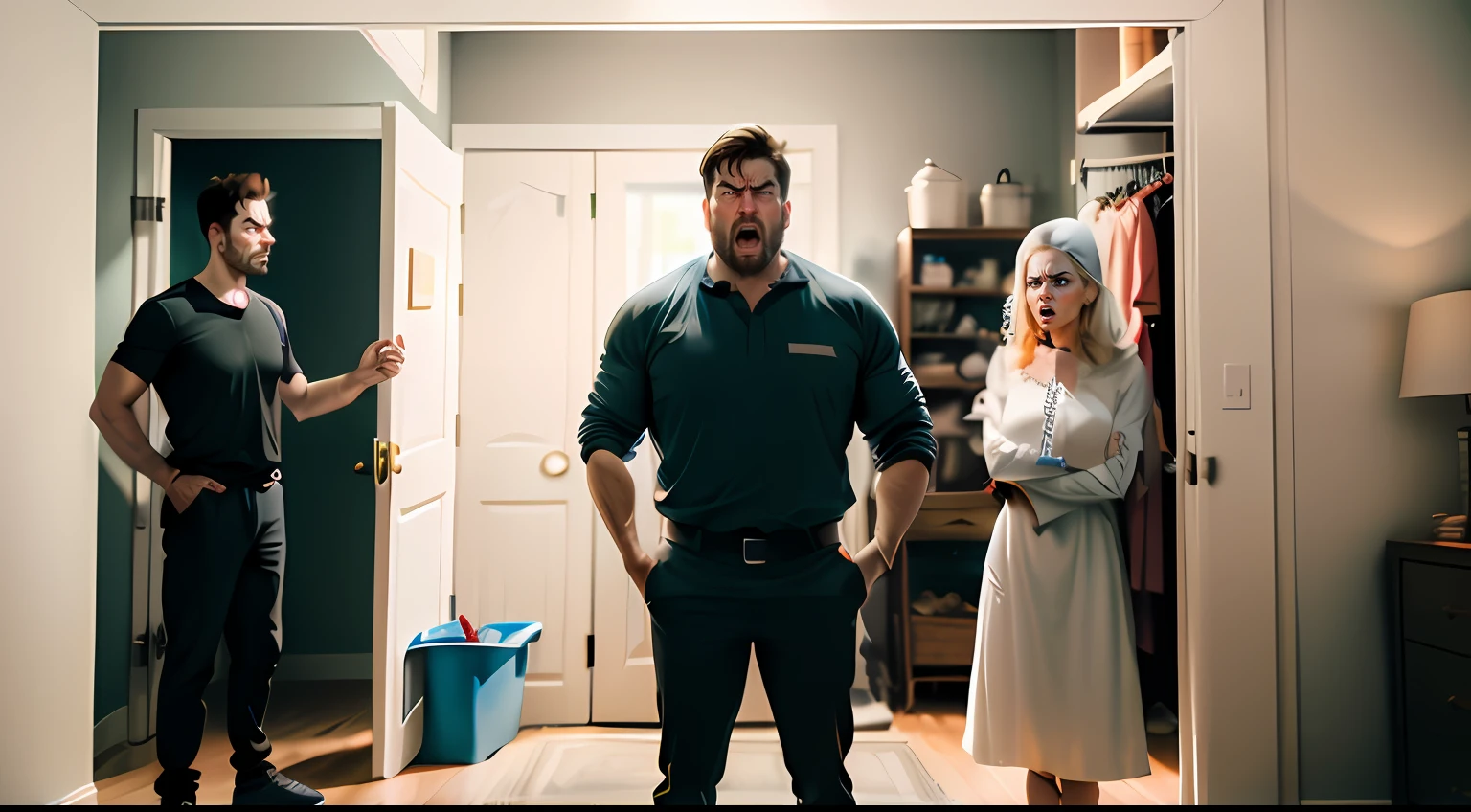 Funny cartoon picture of 3 people ((one angry husband, a pale-looking wife and one anxious plumber)) standing before a open closet in a clear bedroom, plumber comes out of closet, misunderstanding, arguing, awkward situation, highly detailed, no furniture