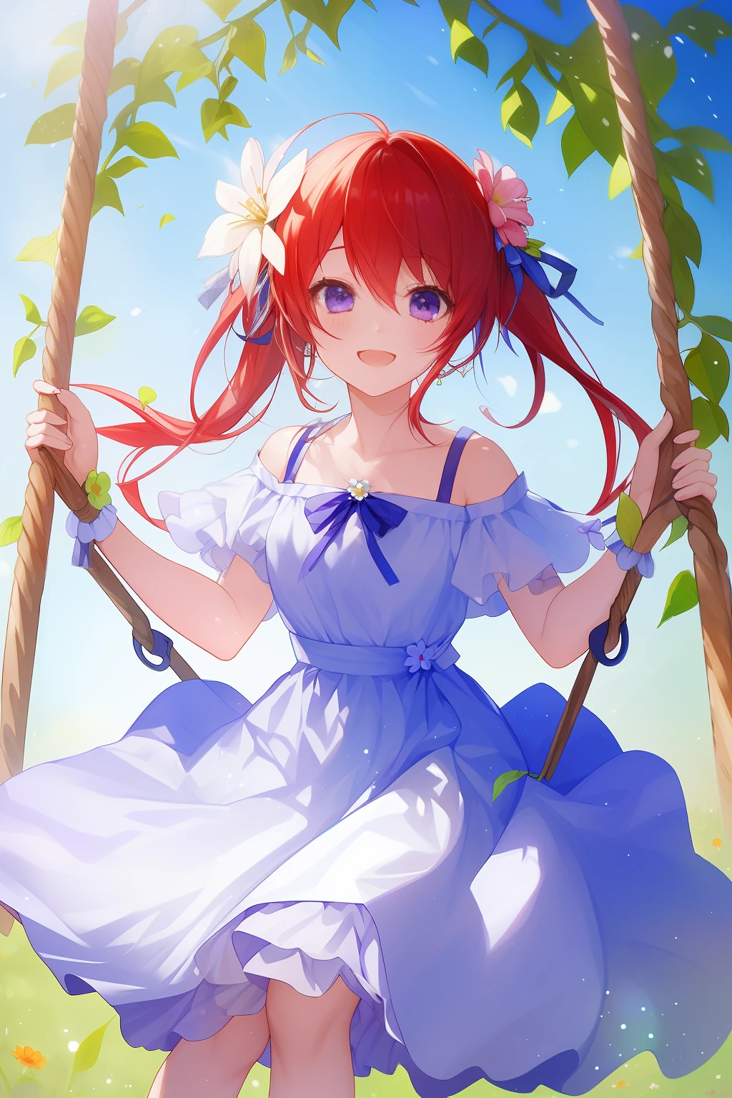 1 , best quality, masterpiece,red hair_low pigtails_plays on the swing_smiles gently_cute face_sword delicate face_sunlight_flower garden_shoulder open_pale purple eyes