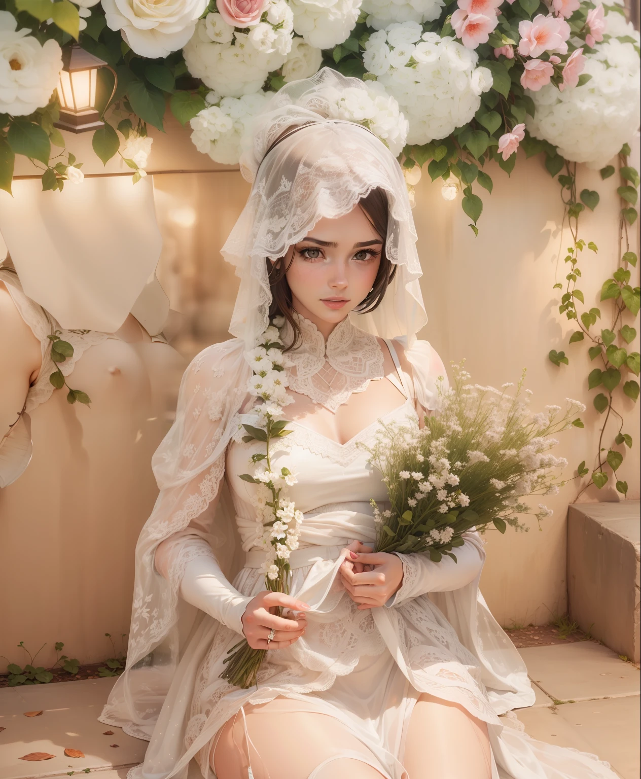 ((Realistic lighting, Best quality, 8K, Masterpiece: 1.3)), Focus: 1.2, 1girl, Perfect Figure: 1.4, Slim Abs: 1.1, ((Dark brown hair)), (White dress: 1.4), (Outdoor, Night: 1.1), City streets, Super fine face, Fine eyes, Double eyelids,