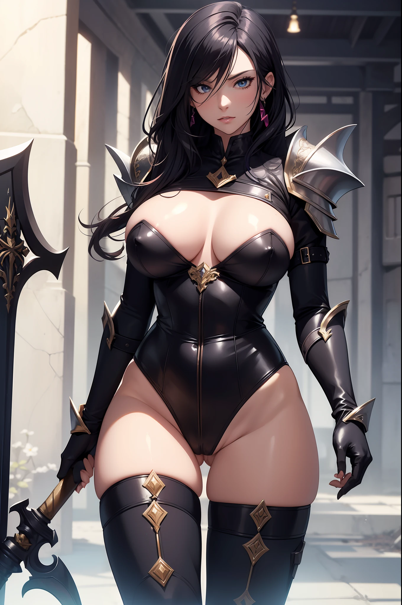 Two stunning female knights with detailed face, flawless features and slender figures vibrant multicolored hair, ample bosoms, huge breasts, detailed erect nipples, standing side by side, wearing sleek leather armor that reveals their toned midriffs, cleavage, and thighs, sexy stockings, (no panties:1.5), detailed vagina, (pussy juice:1.2). They stride confidently in high heels and don gloves, wielding a variety of weapons including swords, maces, axes, and shields. The scene exudes a sense of fantasy and takes place in an unpredictable location (NFSW).