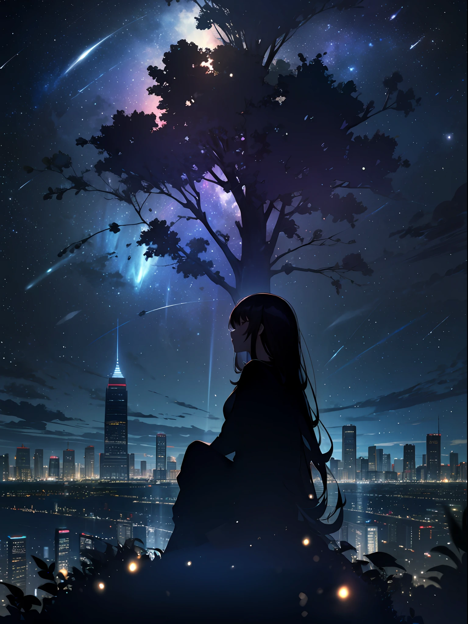 sky, star (sky), scenery, starry sky, night, 1girl, night sky, solo, outdoors, building, cloud, milky way, sitting, tree, long hair, city, silhouette, cityscape