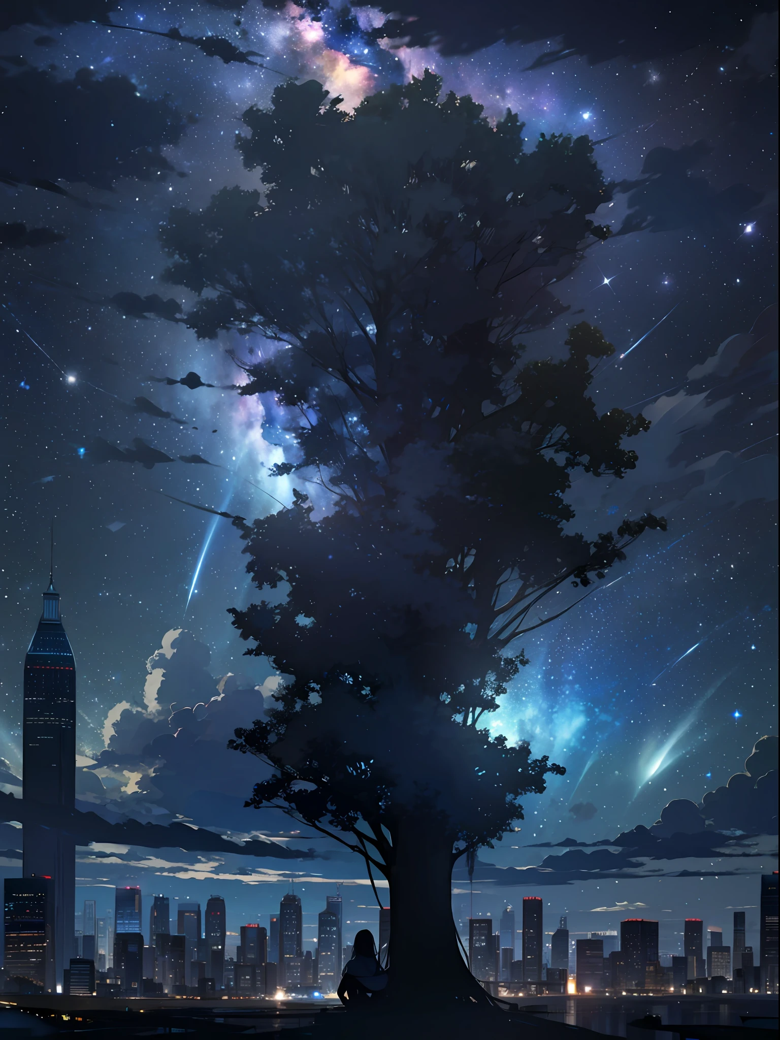 sky, star (sky), scenery, starry sky, night, 1girl, night sky, solo, outdoors, building, cloud, milky way, sitting, tree, long hair, city, silhouette, cityscape