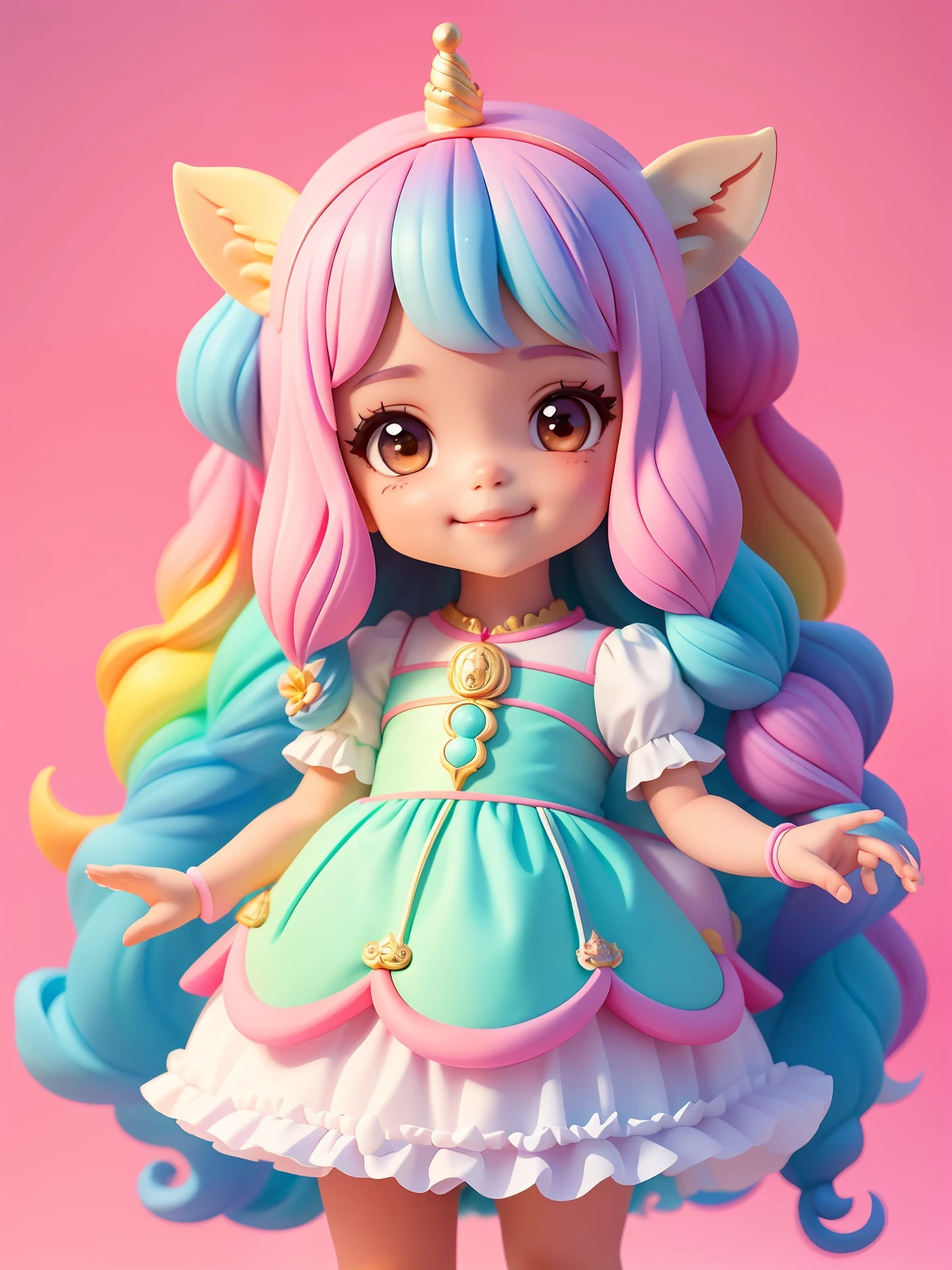 cute meniena bonita e fofa, tema princesa, unicorn, castelo, sorriso claro, corpo inteiro, :3, fundo tom pastel , colorido e simples.