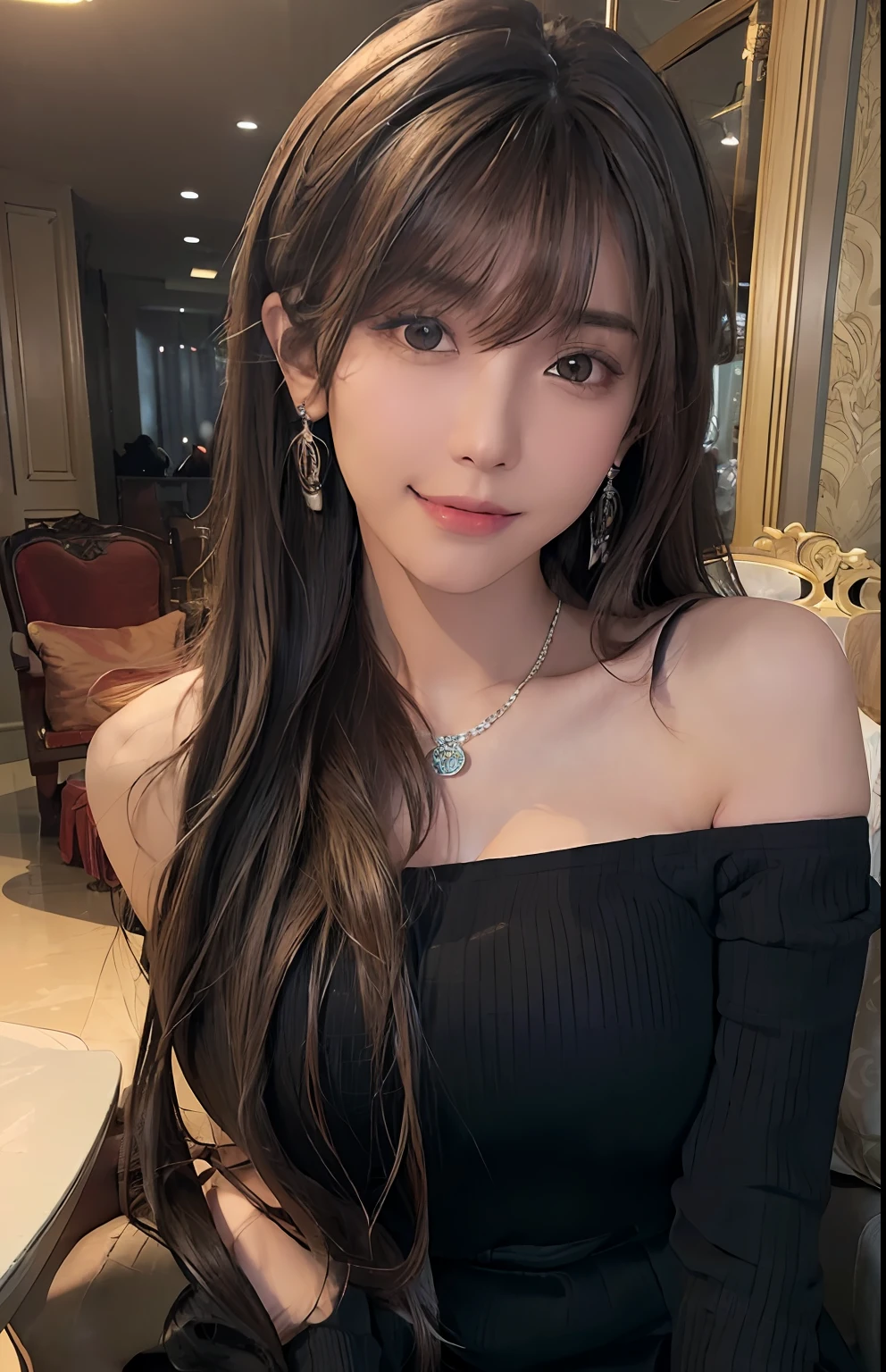 (Ultra Real), (Illustration), (High Resolution), (8K), (Very Detailed), (Best Illustration), (Beautiful and Detailed Eyes), (Best Quality), (Ultra Detailed), (Masterpiece), (Wallpaper), (Detailed Face), Solo, One Girl, Full Body, Staring Viewer, Fine Eyes and Mouth, Detailed Face, Bar Counter, In the Dark, Low Key, pureerosfaceace_v1, Smile, Long Hair, dark blonde straight hair, bangs, sitting in a chair, beautiful teeth, blushing cheeks, enchanted look, complex off-shoulder clothes, miniskirts, earrings, necklaces,