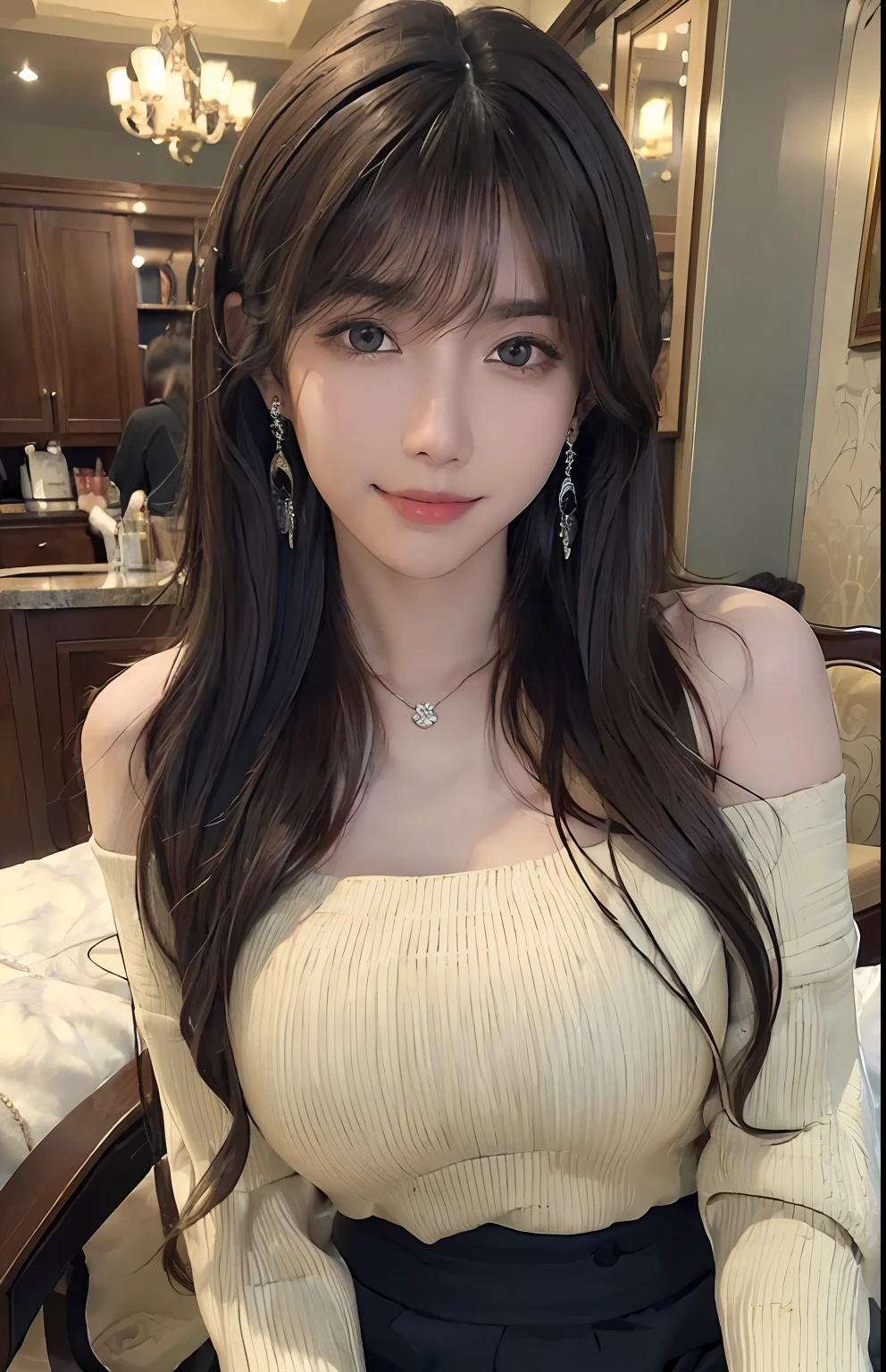 (Ultra Real), (Illustration), (High Resolution), (8K), (Very Detailed), (Best Illustration), (Beautiful and Detailed Eyes), (Best Quality), (Ultra Detailed), (Masterpiece), (Wallpaper), (Detailed Face), Solo, One Girl, Full Body, Staring Viewer, Fine Eyes and Mouth, Detailed Face, Bar Counter, In the Dark, Low Key, pureerosfaceace_v1, Smile, Long Hair, dark blonde straight hair, bangs, sitting in a chair, beautiful teeth, blushing cheeks, enchanted look, complex off-shoulder clothes, miniskirts, earrings, necklaces,